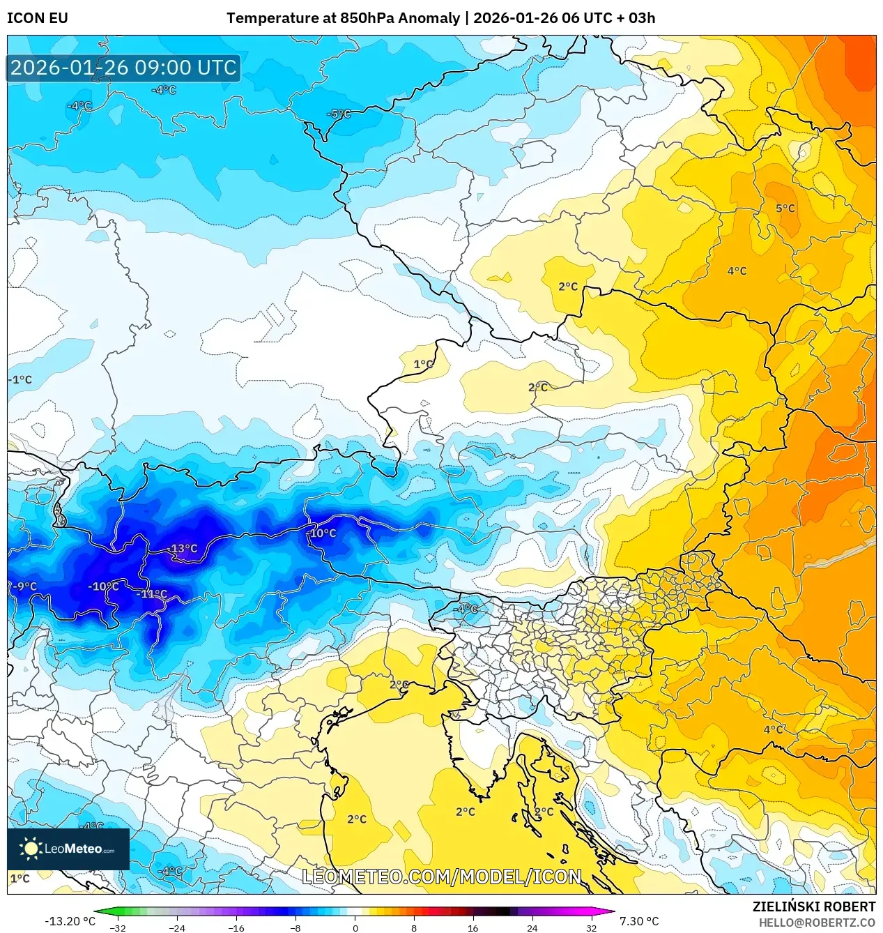 ICON model - Avusturya, 850 hPa Sıcaklık Anomalisi