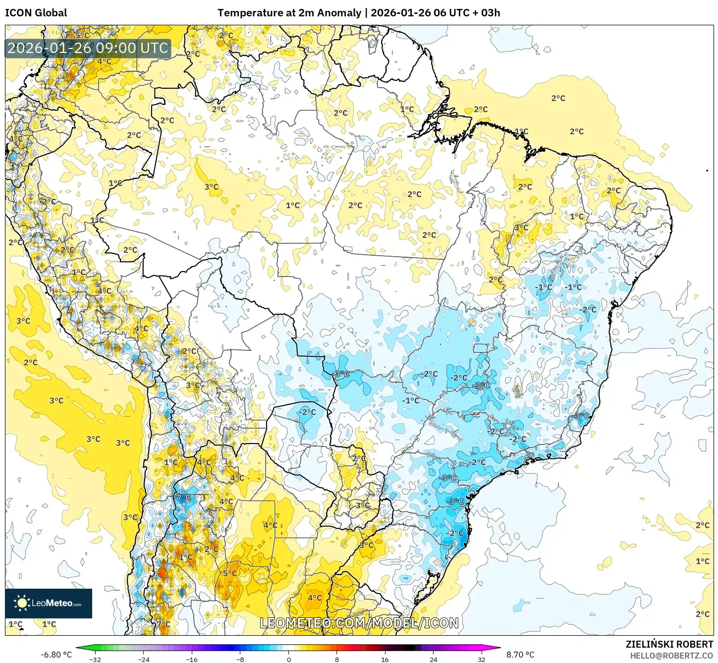ICON model - Brezilya, 2 m Sıcaklık Anomalisi
