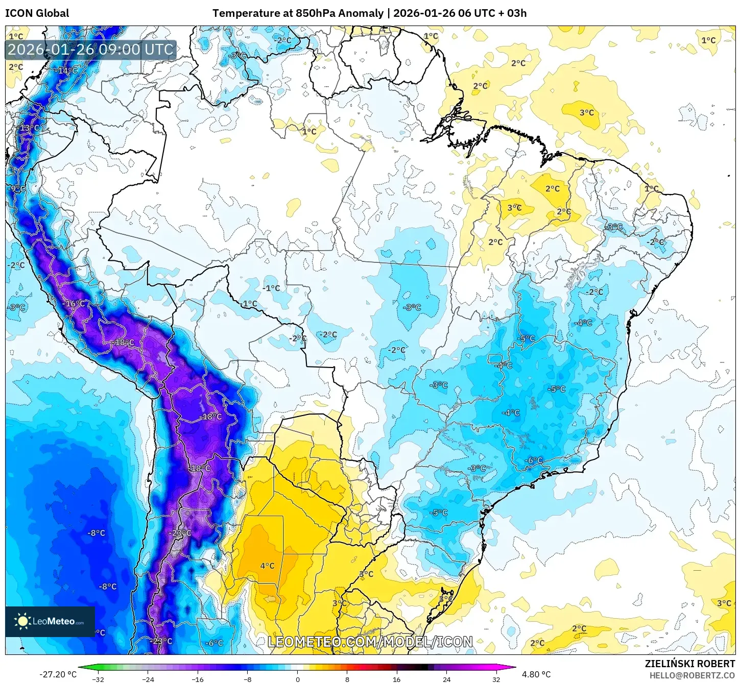 ICON model - Brezilya, 850 hPa Sıcaklık Anomalisi