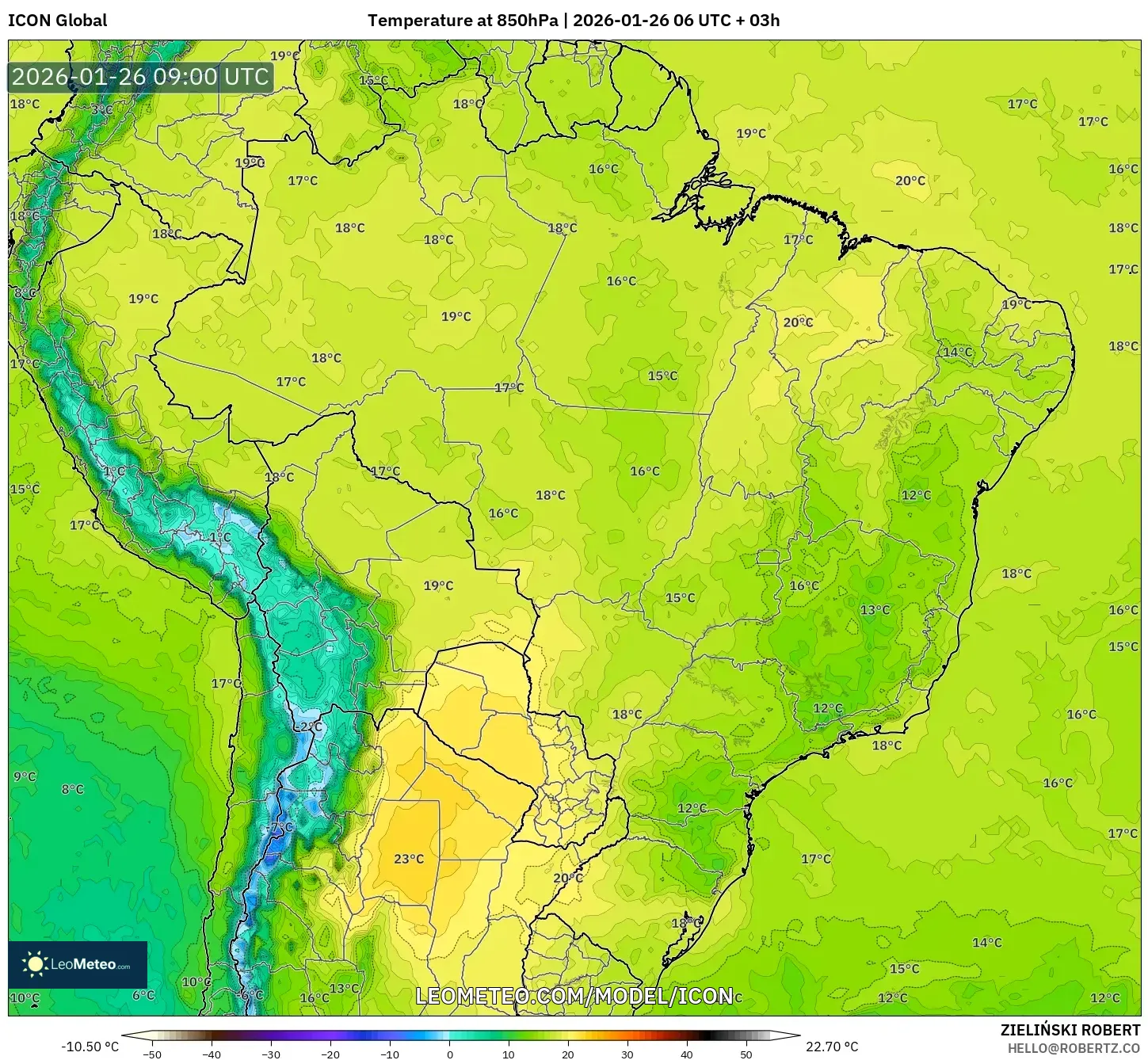 ICON model - Brezilya, 850 hPa Sıcaklık