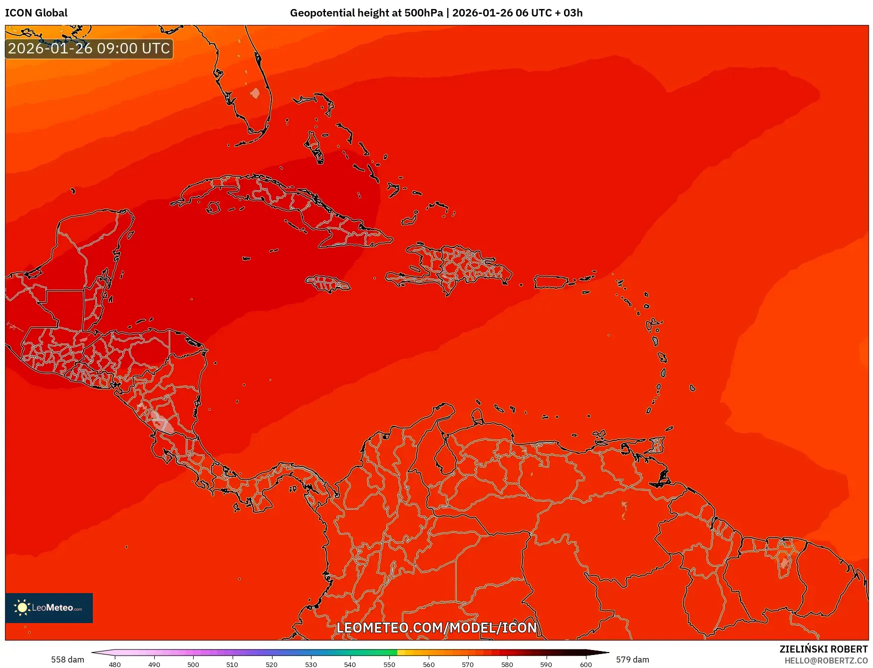 ICON model - Karayipler, 500 hPa’da jeopotansiyel yükseklik