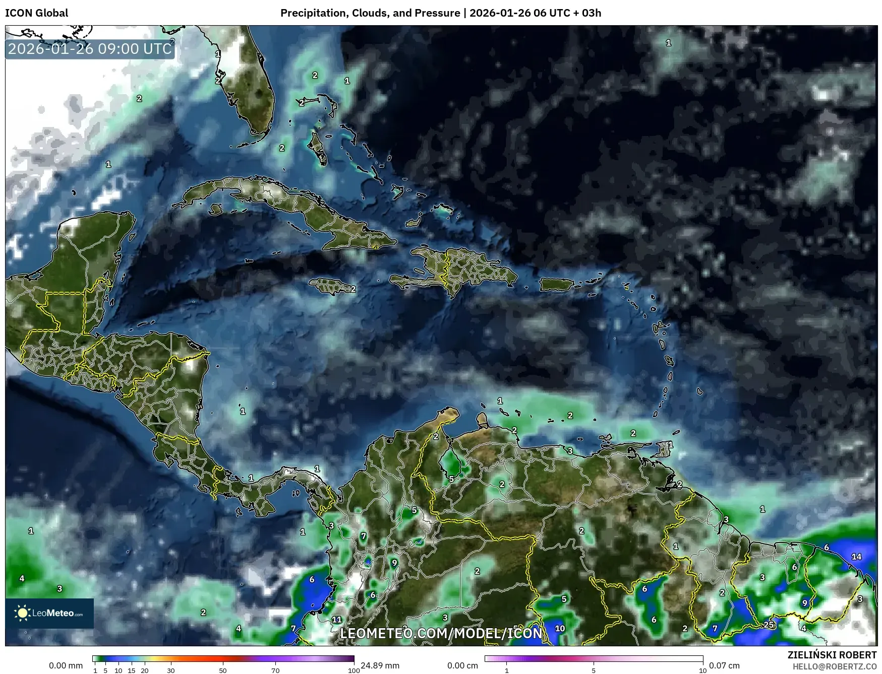 ICON model - Karayipler, Yağış, Bulut ve Basınç