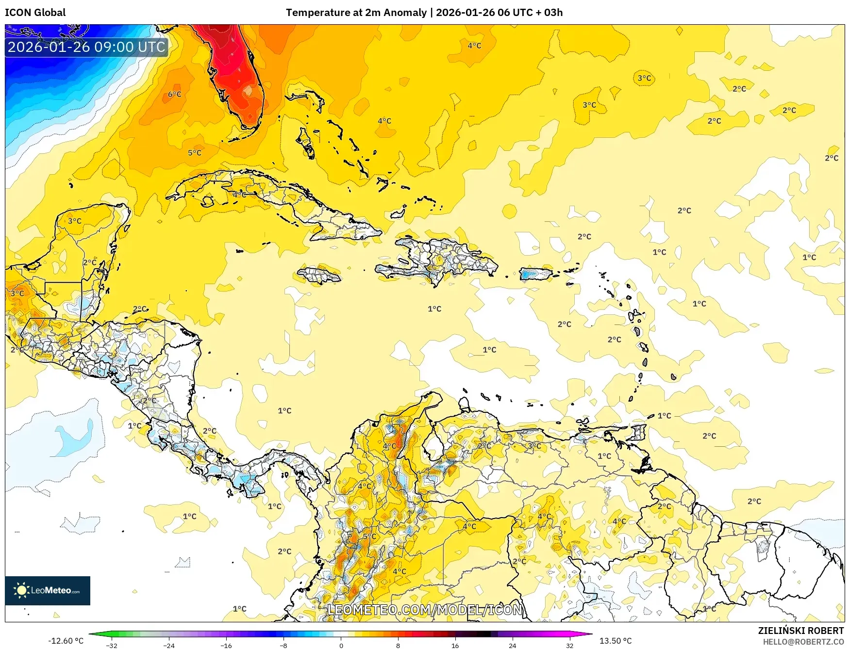 ICON model - Karayipler, 2 m Sıcaklık Anomalisi