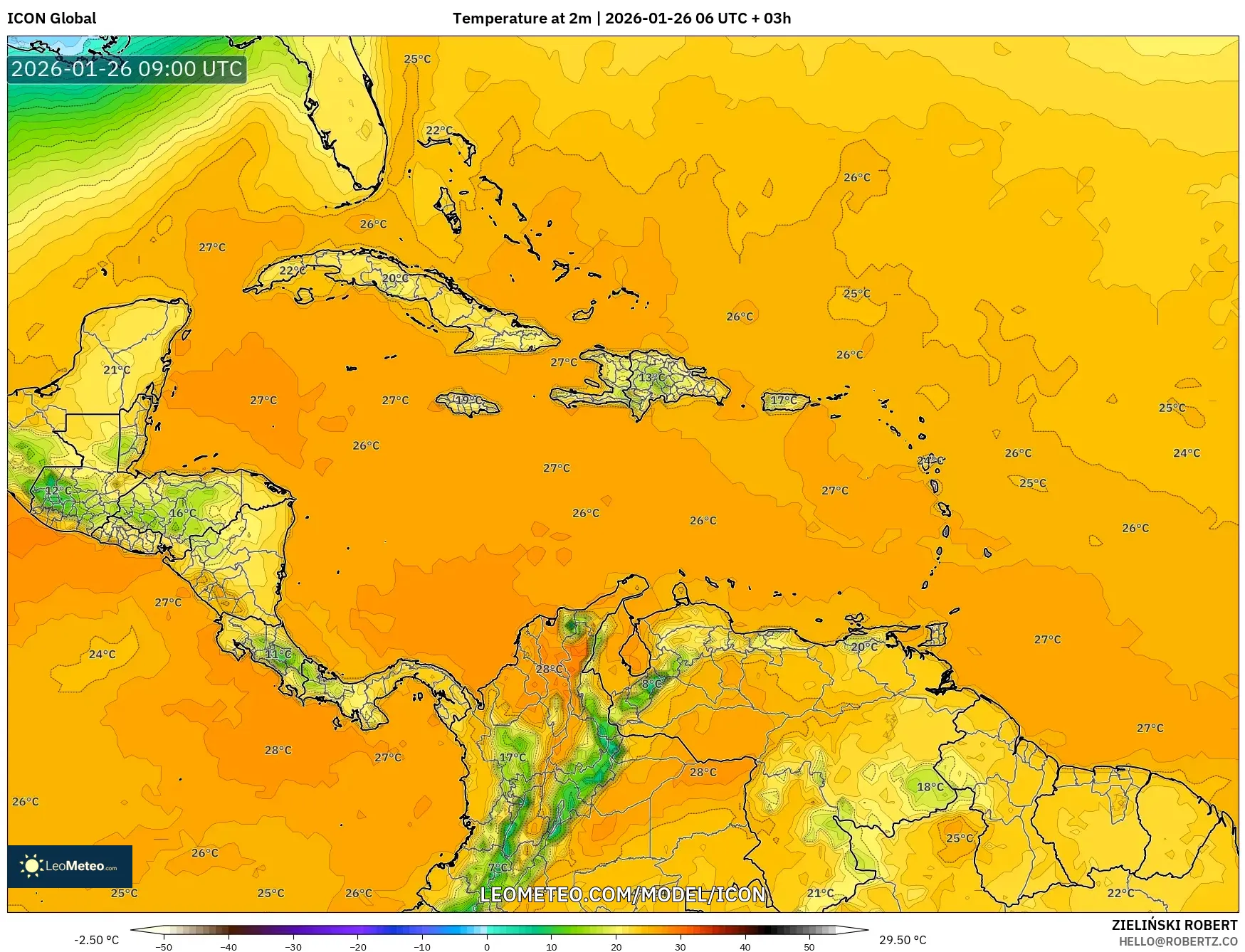ICON model - Karayipler, 2 m Sıcaklık