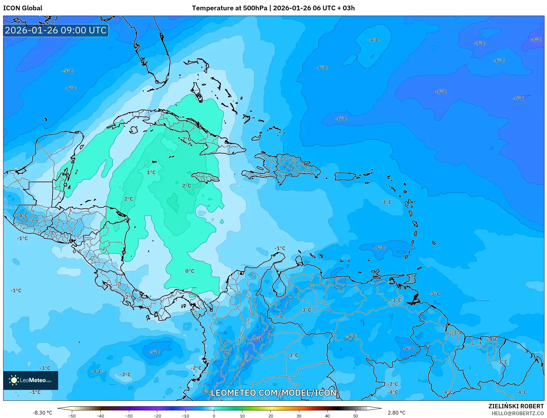 ICON model - Karayipler, 500 hPa Sıcaklık