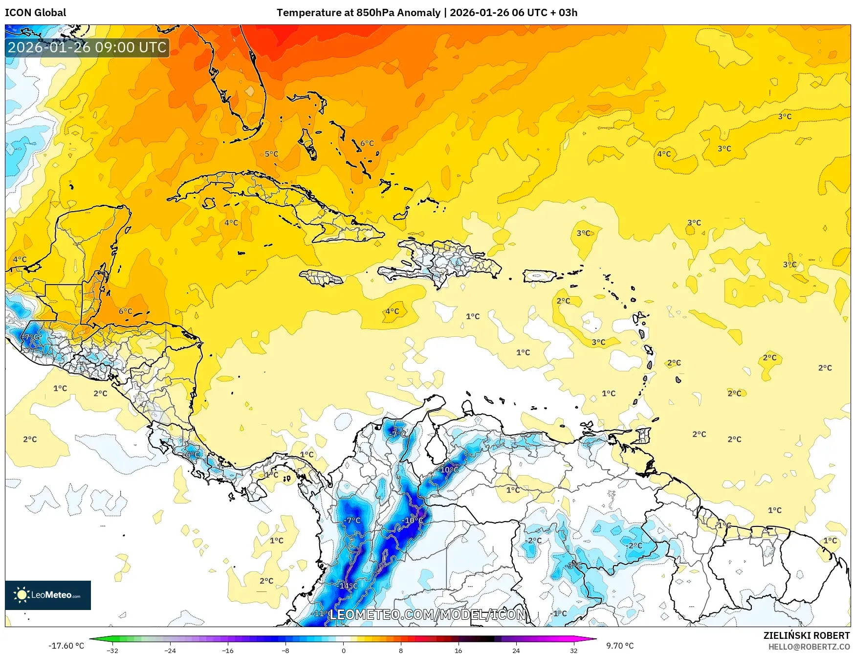 ICON model - Karayipler, 850 hPa Sıcaklık Anomalisi