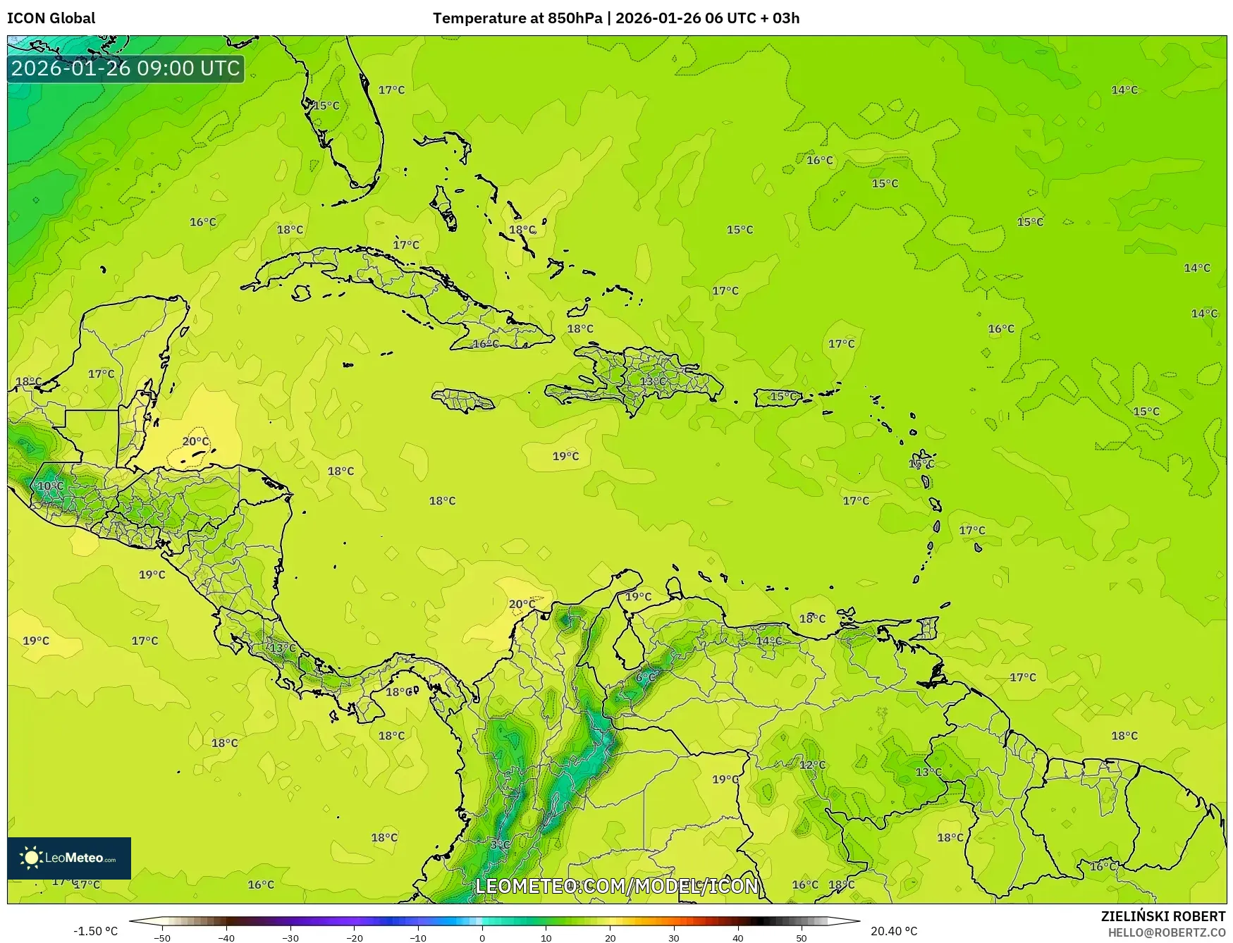ICON model - Karayipler, 850 hPa Sıcaklık
