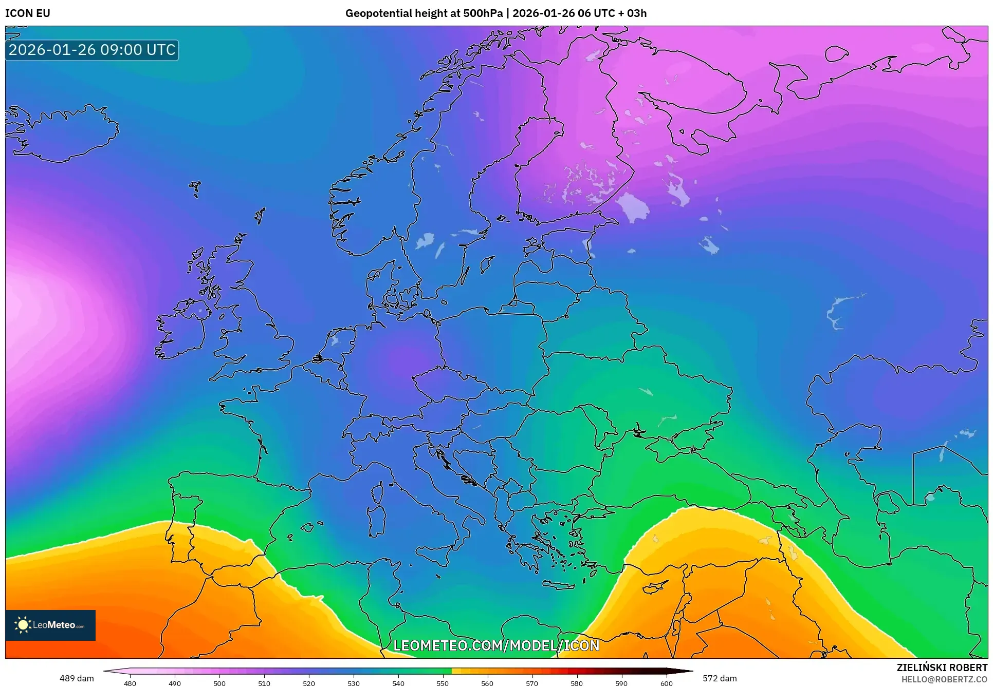 ICON model - Avrupa, 500 hPa’da jeopotansiyel yükseklik