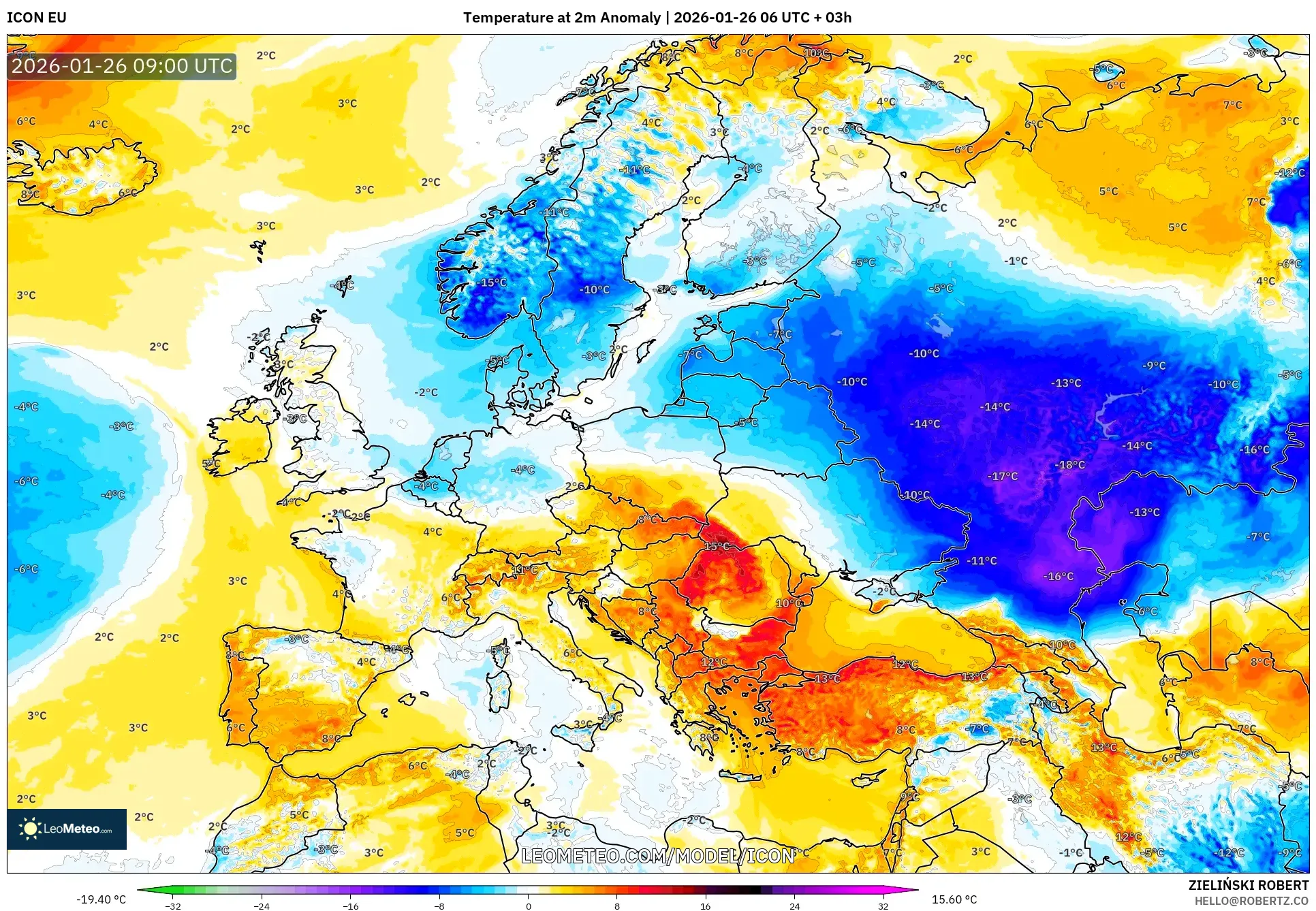 ICON model - Avrupa, 2 m Sıcaklık Anomalisi