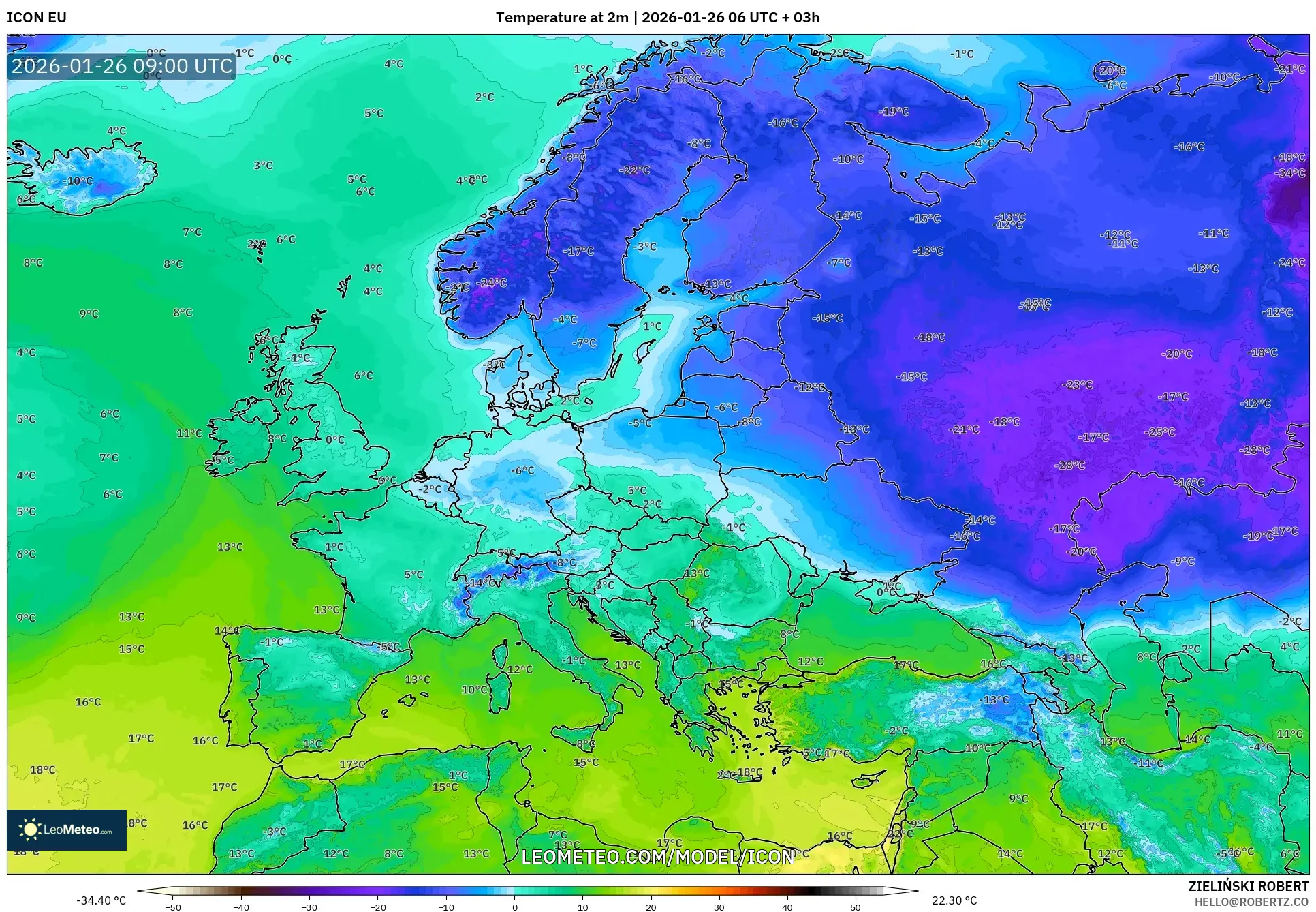 ICON model - Avrupa, 2 m Sıcaklık