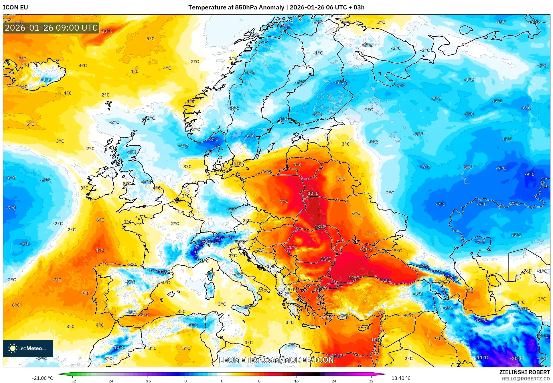 ICON model - Avrupa, 850 hPa Sıcaklık Anomalisi