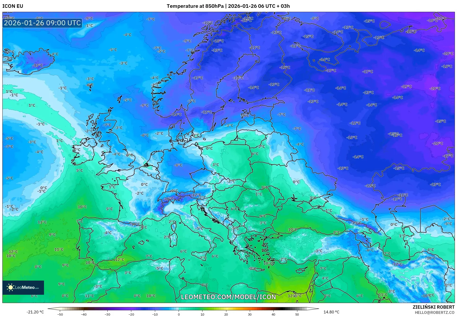 ICON model - Avrupa, 850 hPa Sıcaklık