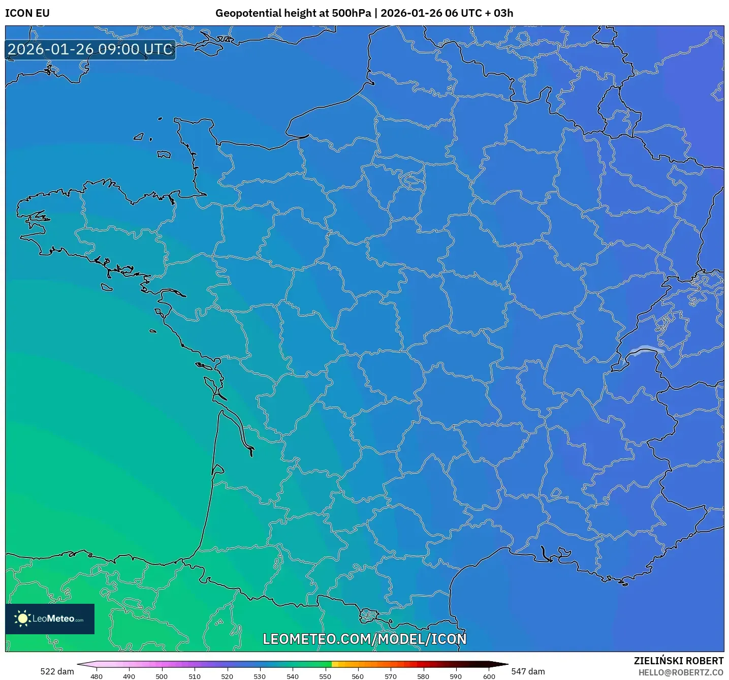 ICON model - Fransa, 500 hPa’da jeopotansiyel yükseklik