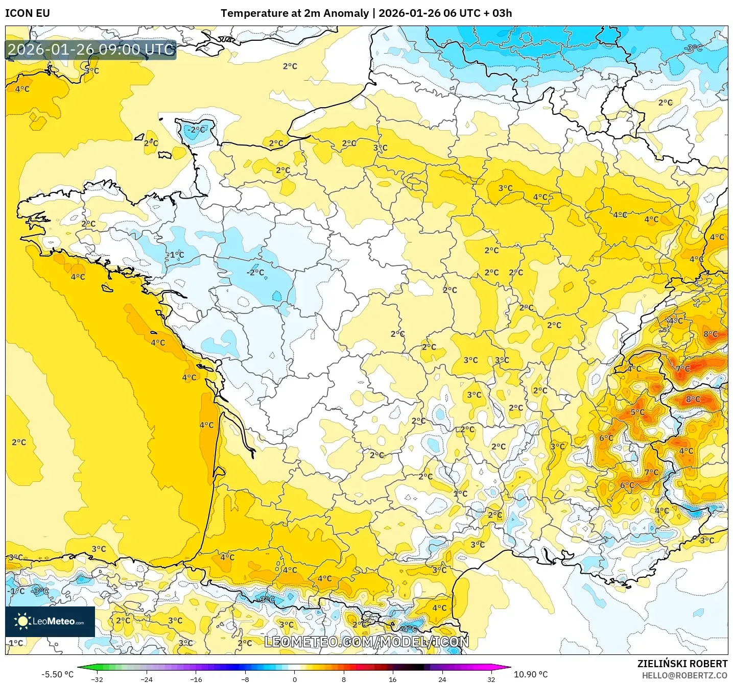 ICON model - Fransa, 2 m Sıcaklık Anomalisi