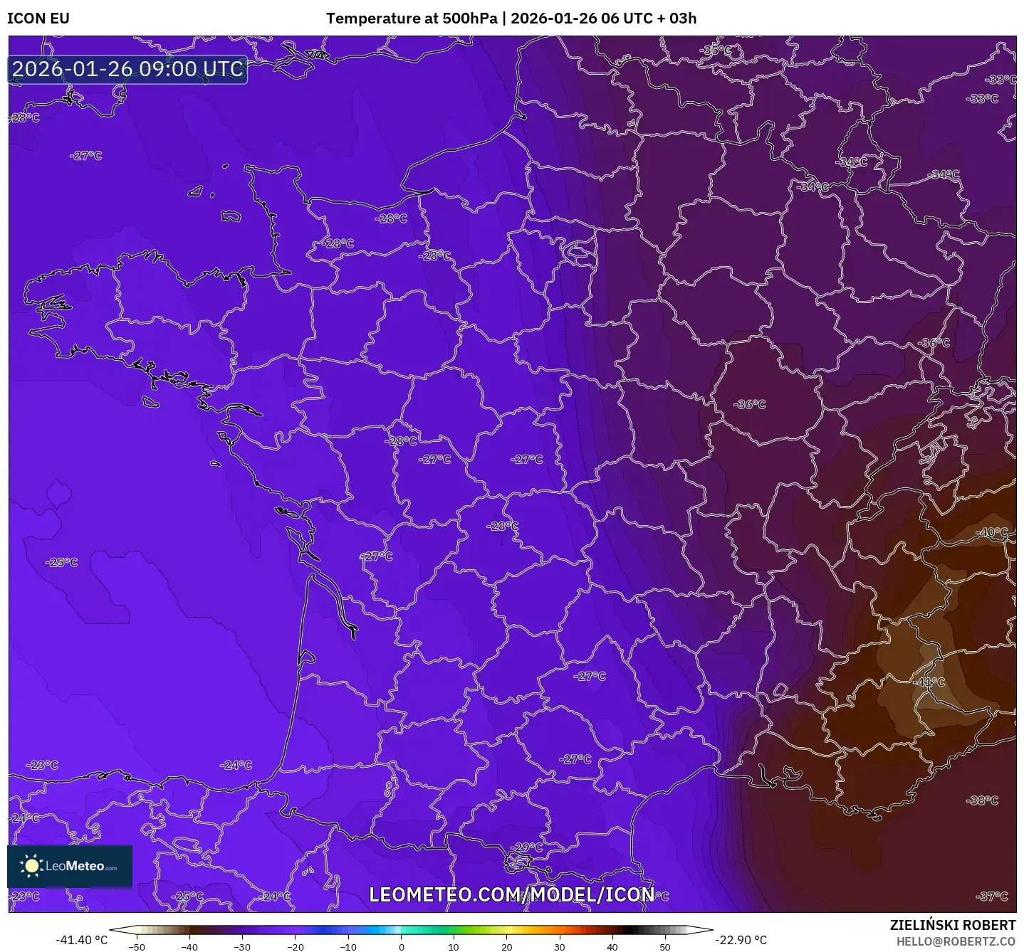 ICON model - Fransa, 500 hPa Sıcaklık