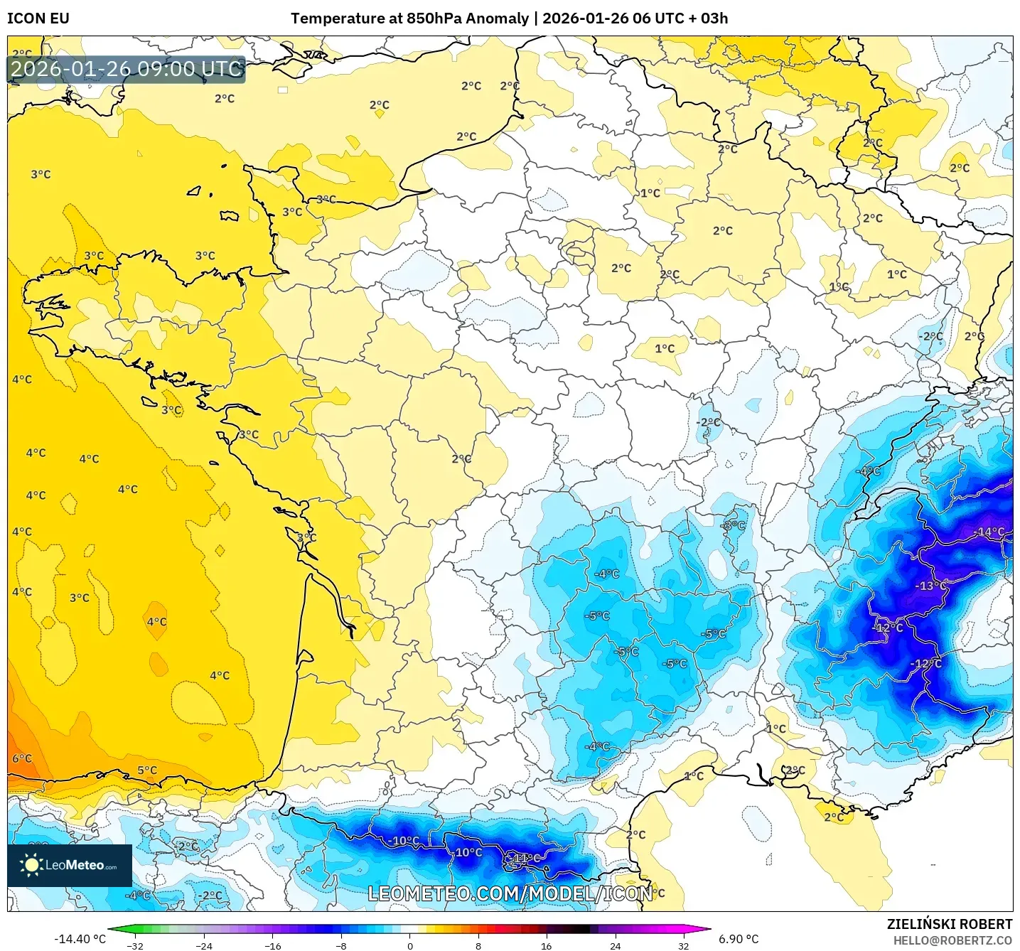 ICON model - Fransa, 850 hPa Sıcaklık Anomalisi
