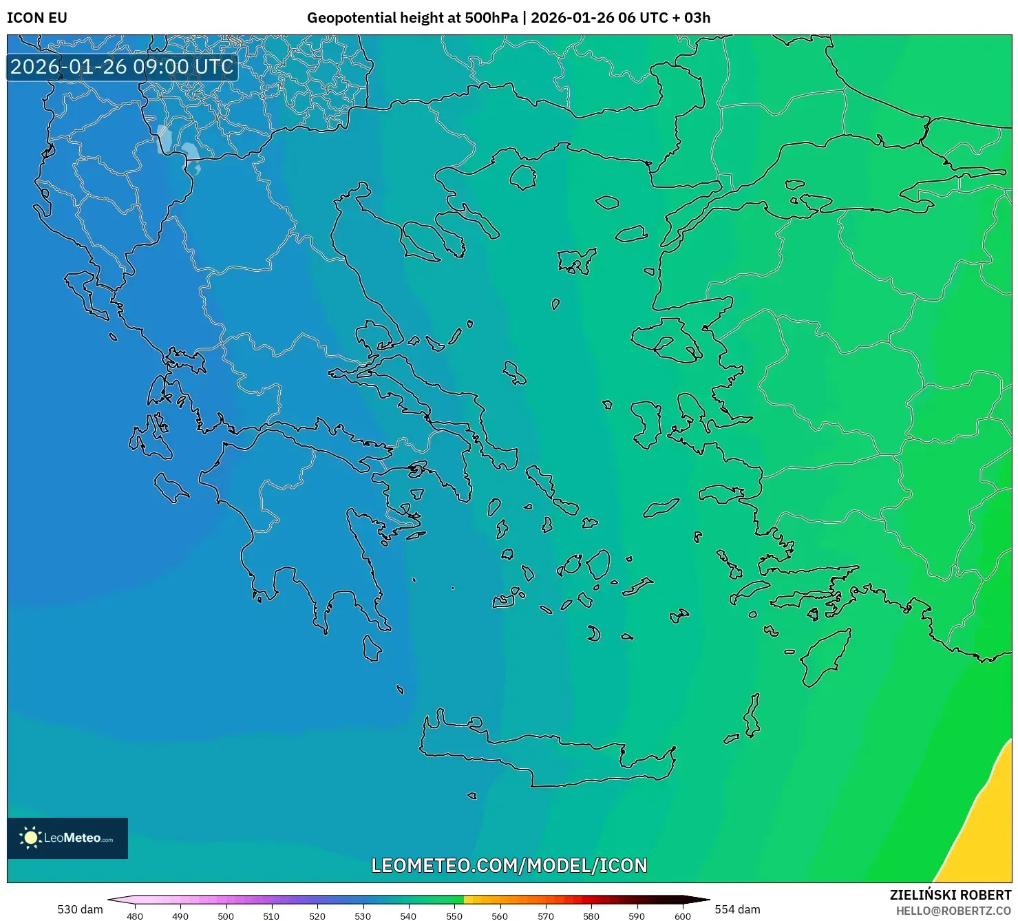 ICON model - Yunanistan, 500 hPa’da jeopotansiyel yükseklik