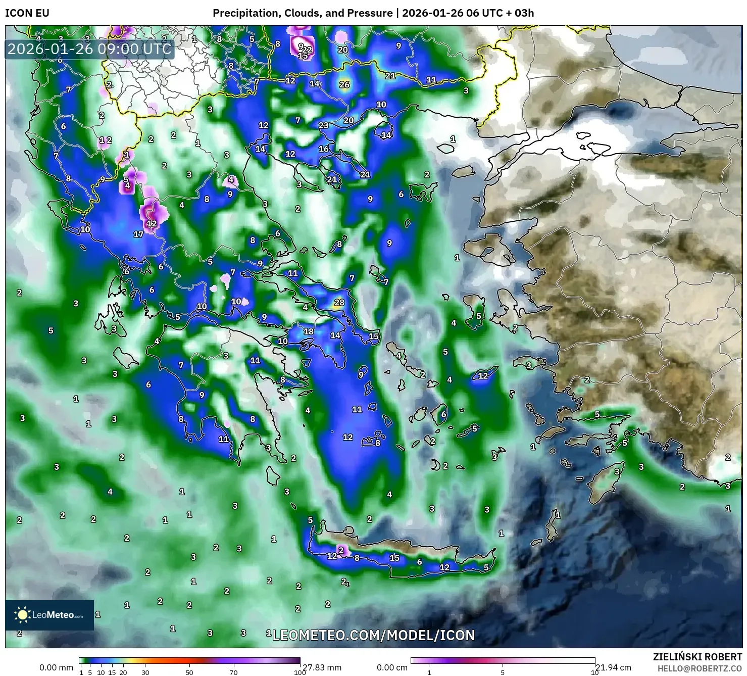 ICON model - Yunanistan, Yağış, Bulut ve Basınç