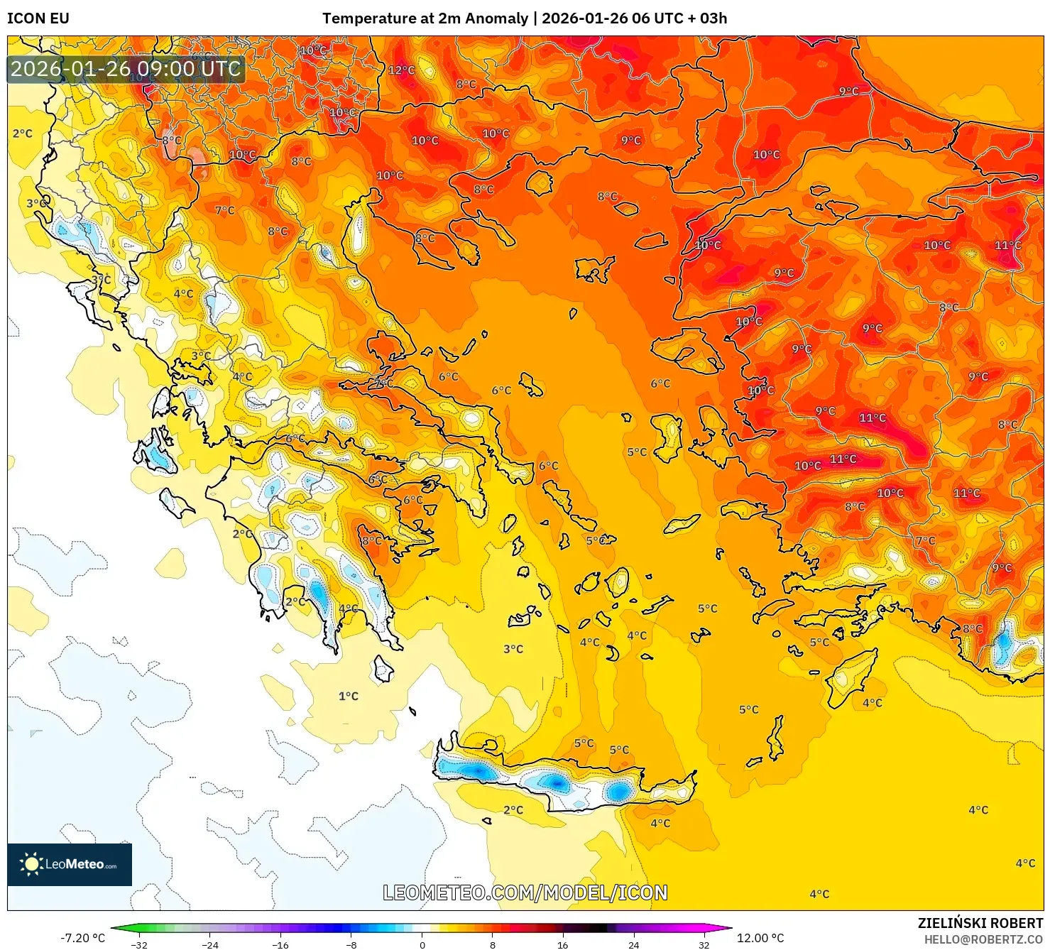 ICON model - Yunanistan, 2 m Sıcaklık Anomalisi
