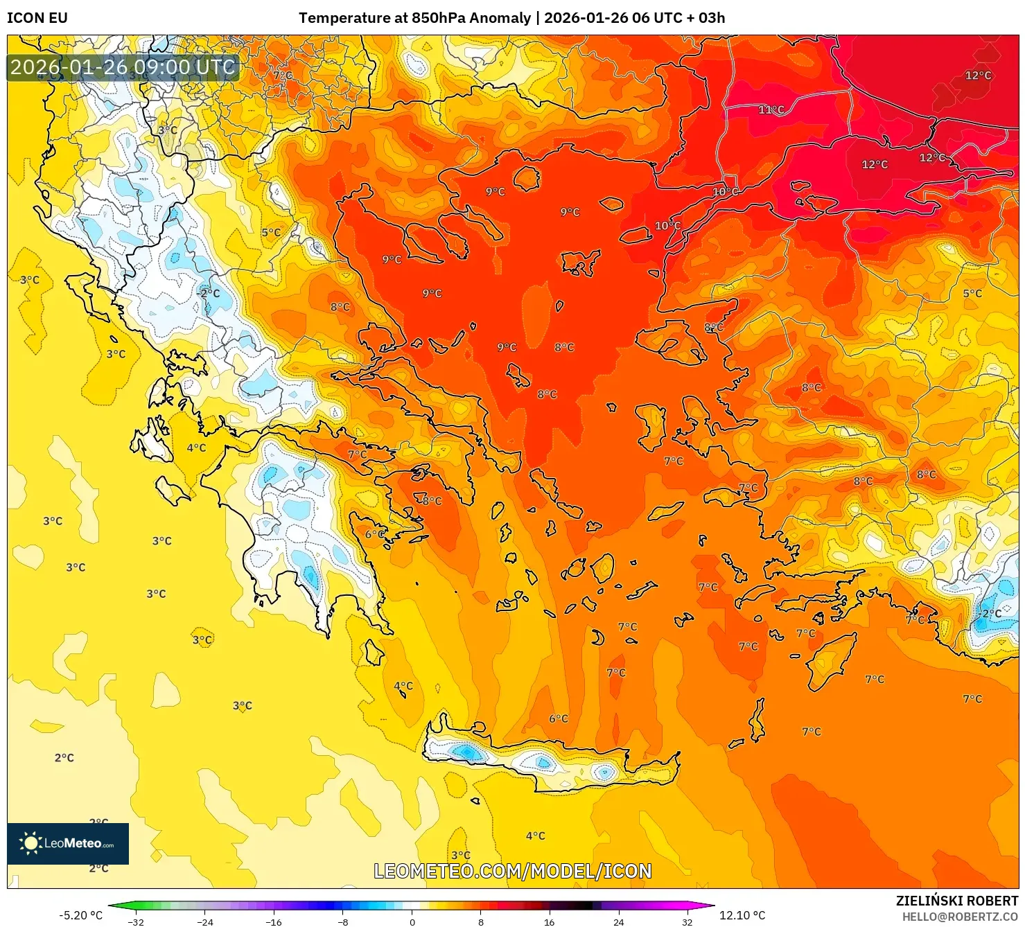ICON model - Yunanistan, 850 hPa Sıcaklık Anomalisi