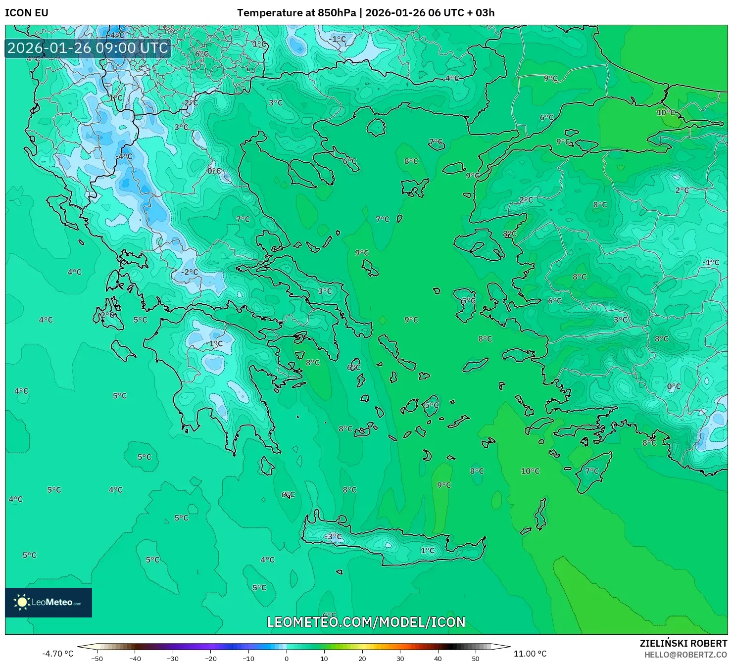 ICON model - Yunanistan, 850 hPa Sıcaklık
