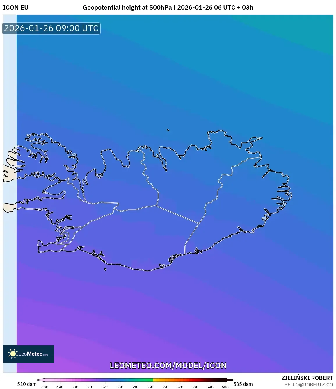 ICON model - İzlanda, 500 hPa’da jeopotansiyel yükseklik