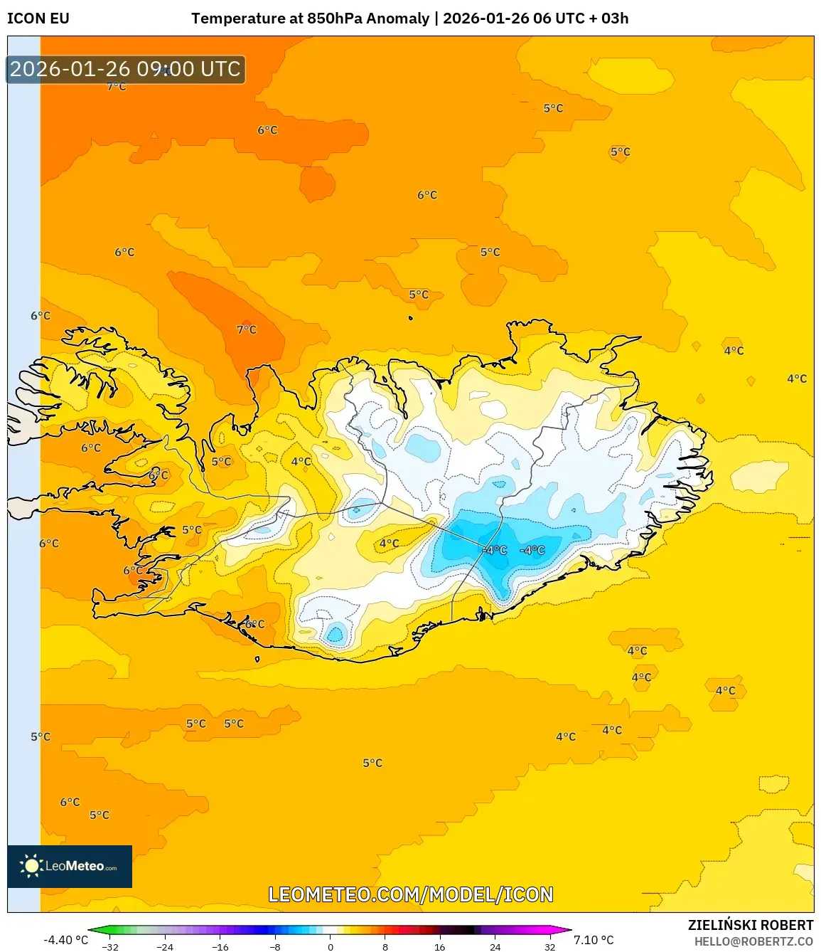 ICON model - İzlanda, 850 hPa Sıcaklık Anomalisi