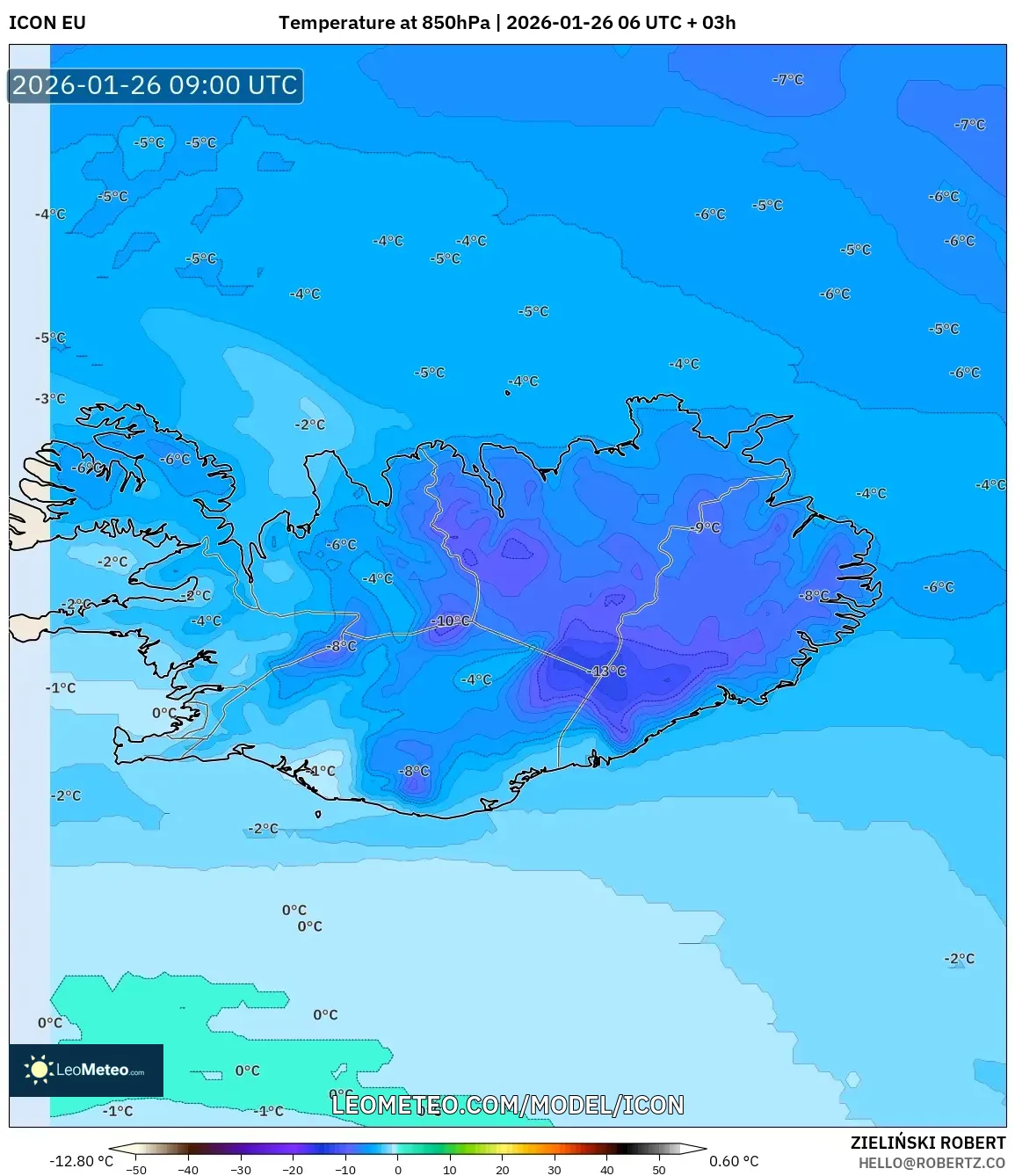 ICON model - İzlanda, 850 hPa Sıcaklık