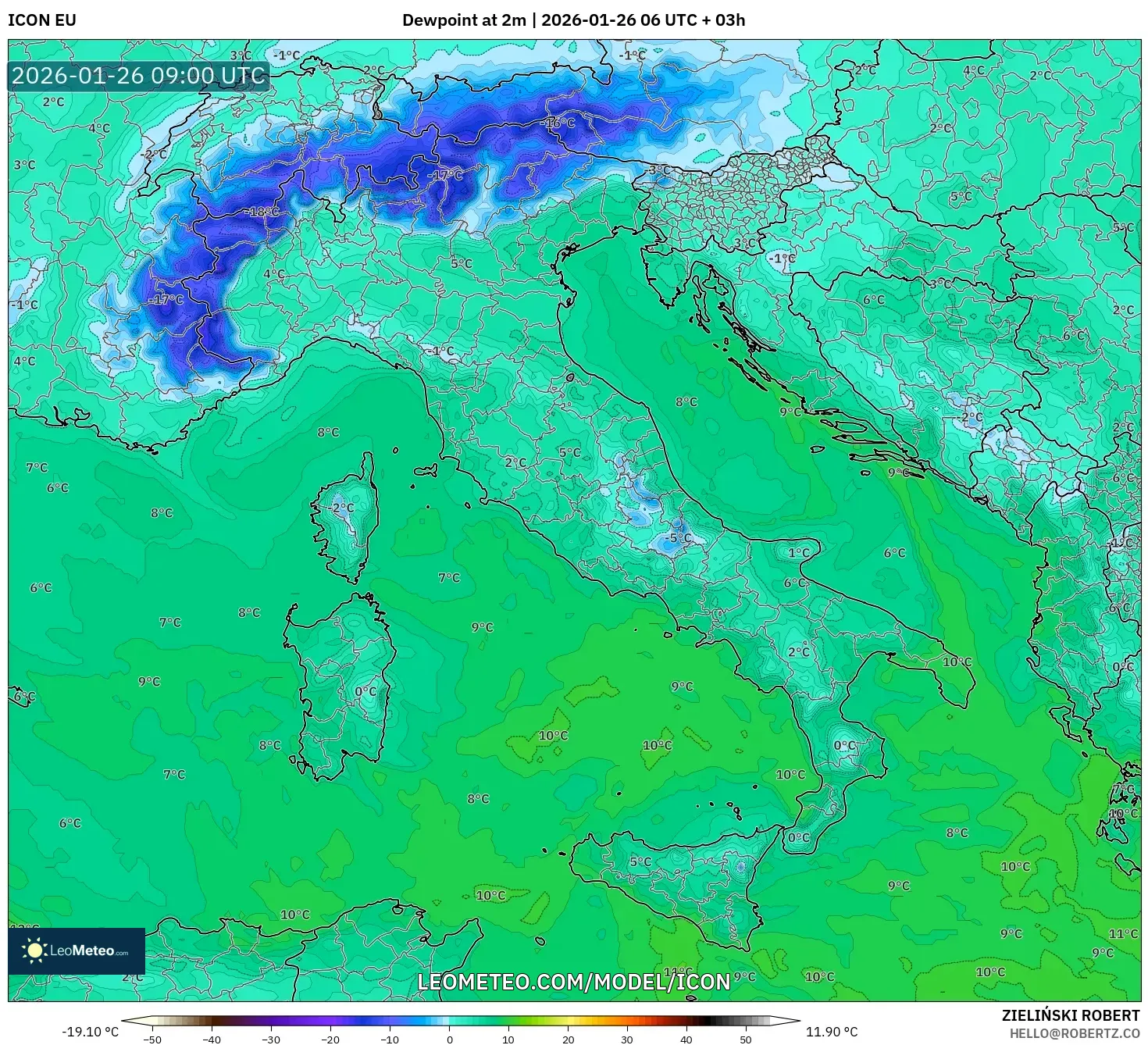 ICON model - İtalya, 2 m Çiy Noktası