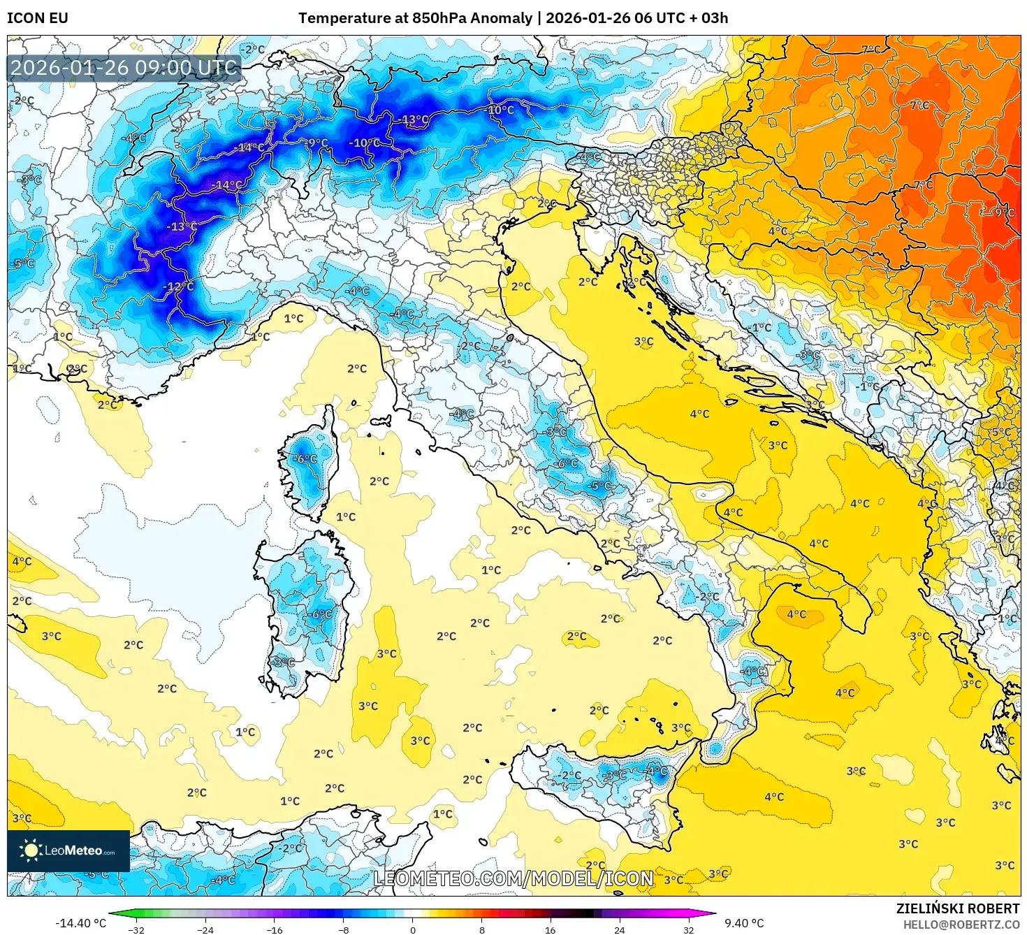 ICON model - İtalya, 850 hPa Sıcaklık Anomalisi
