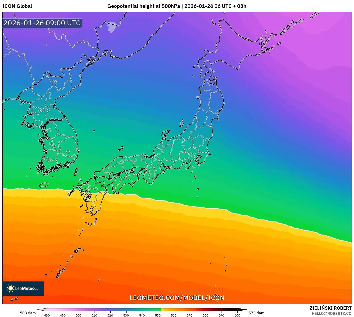 ICON model - Japonya, 500 hPa’da jeopotansiyel yükseklik