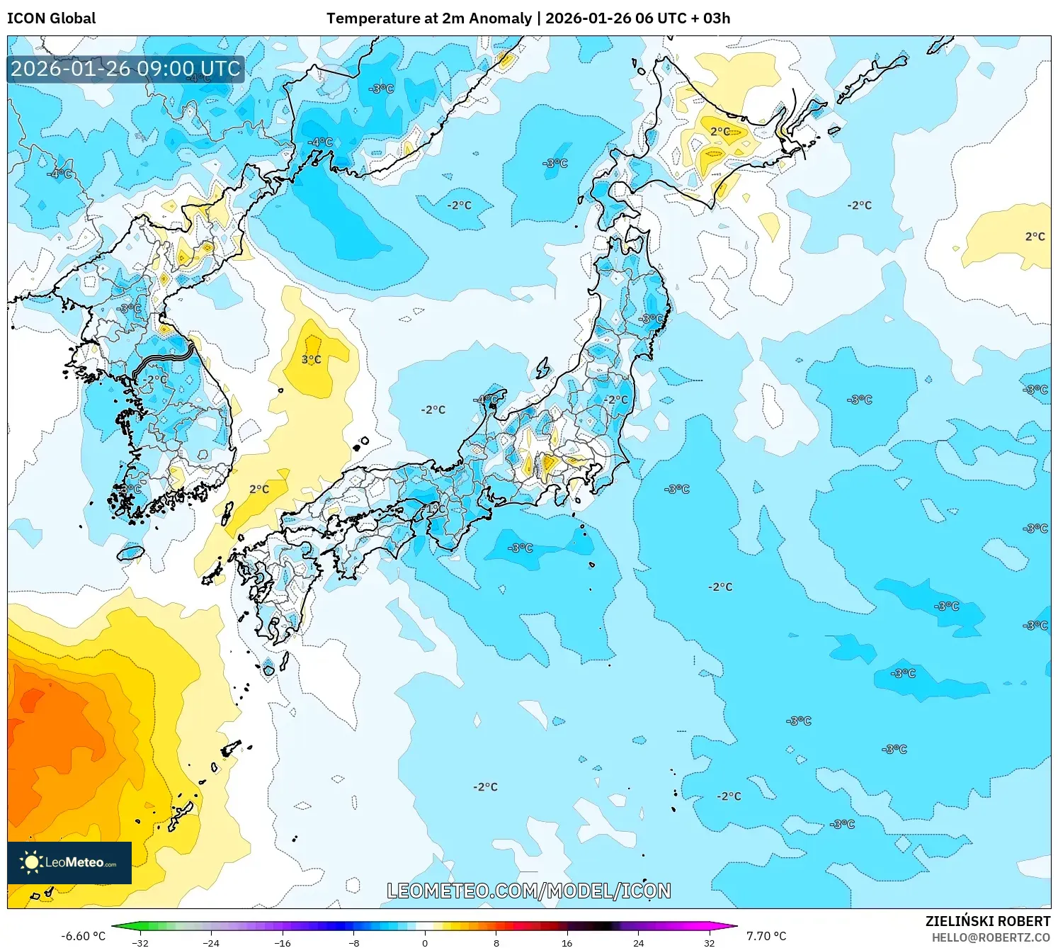 ICON model - Japonya, 2 m Sıcaklık Anomalisi