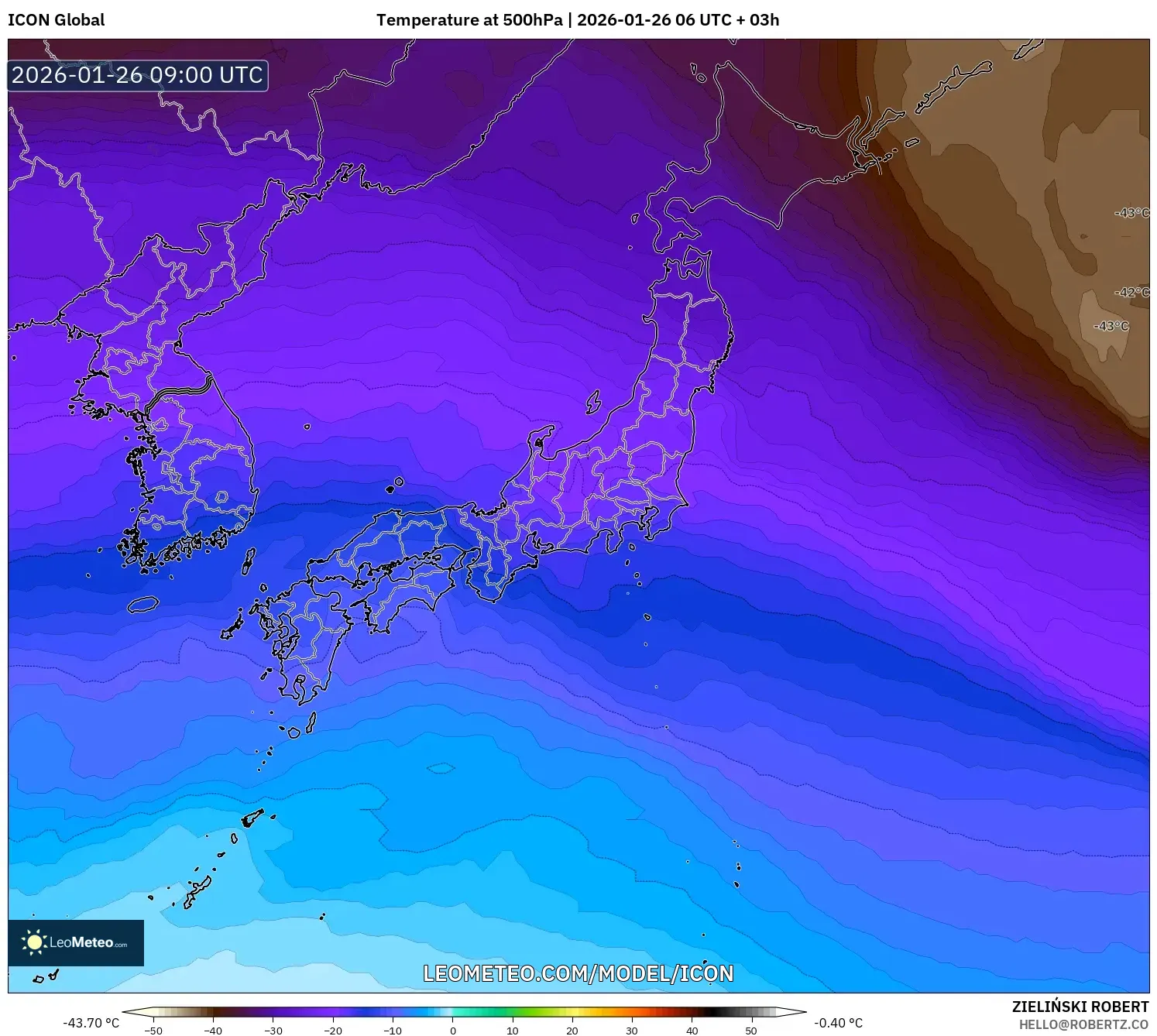 ICON model - Japonya, 500 hPa Sıcaklık