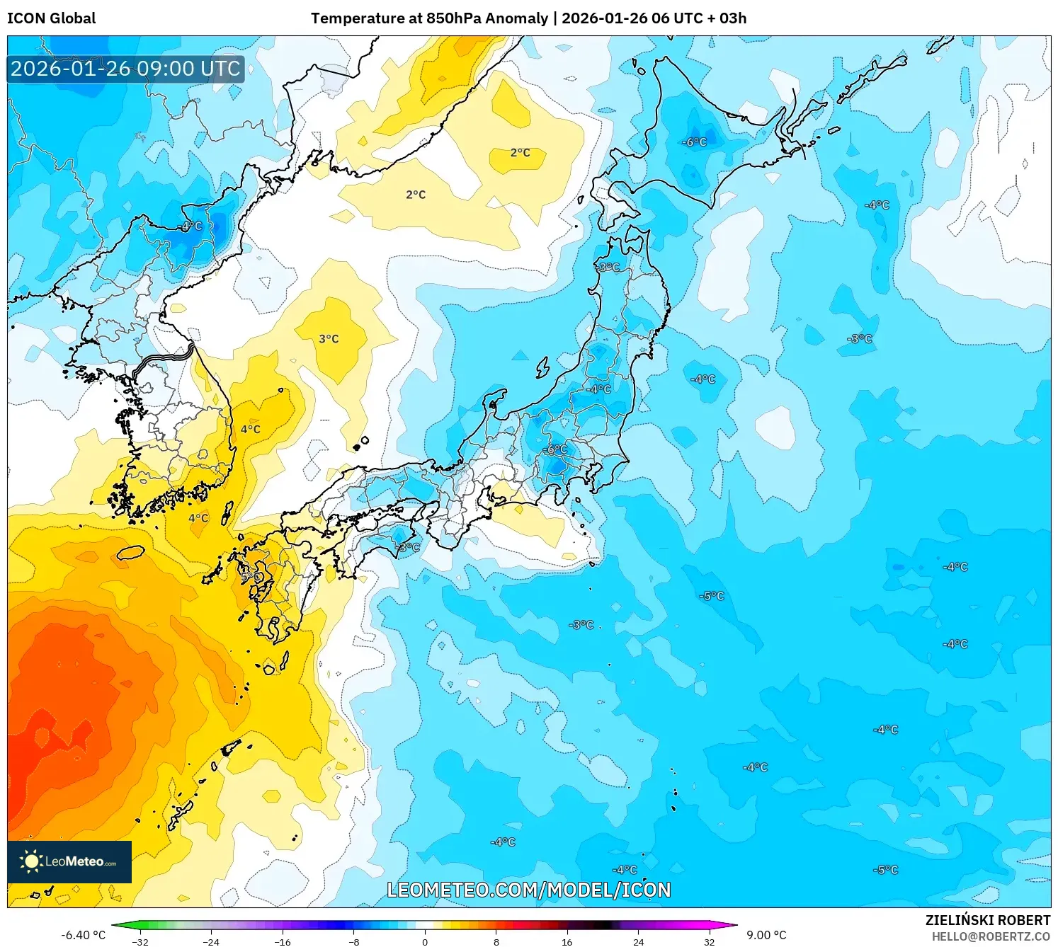 ICON model - Japonya, 850 hPa Sıcaklık Anomalisi