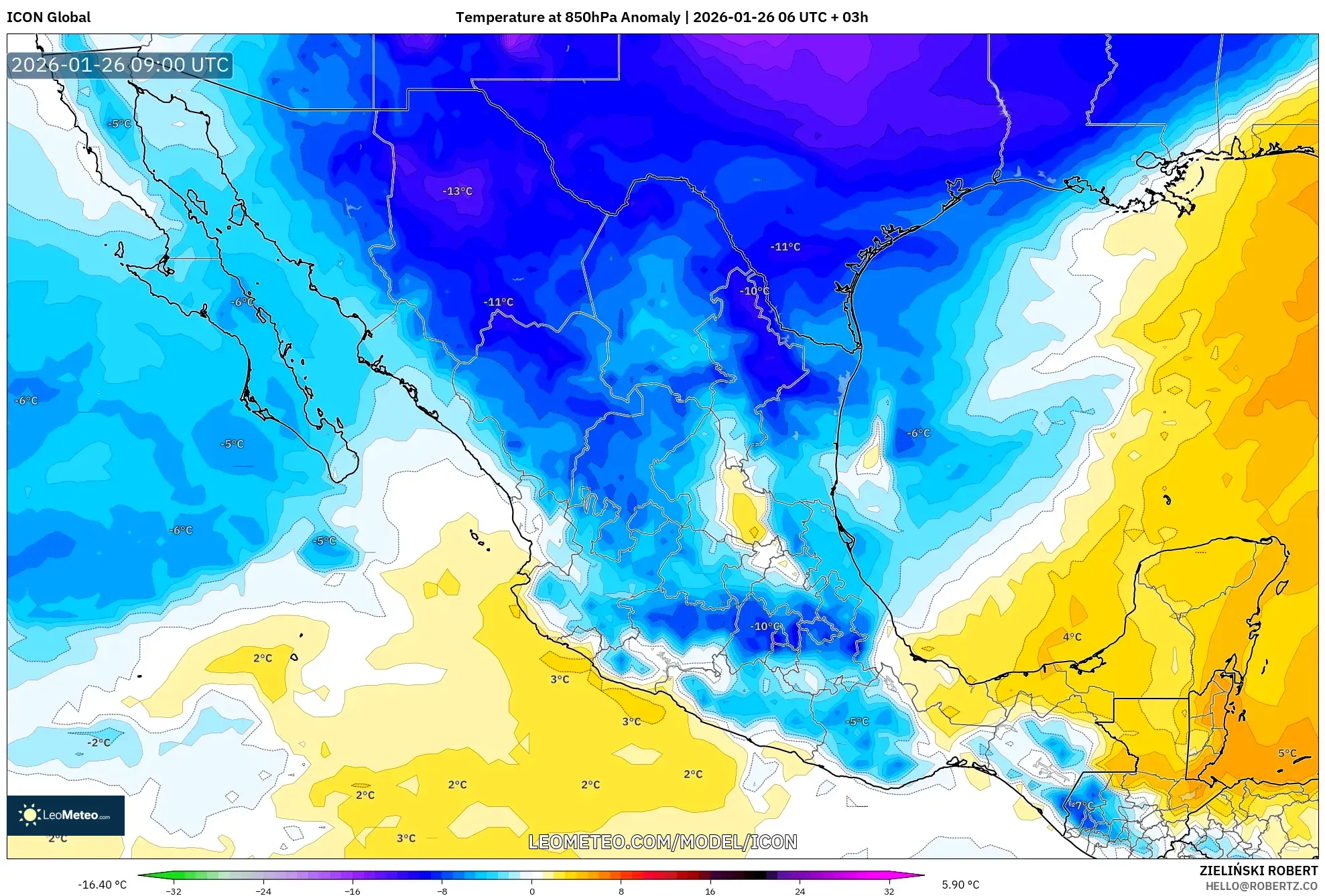 ICON model - Meksika, 850 hPa Sıcaklık Anomalisi