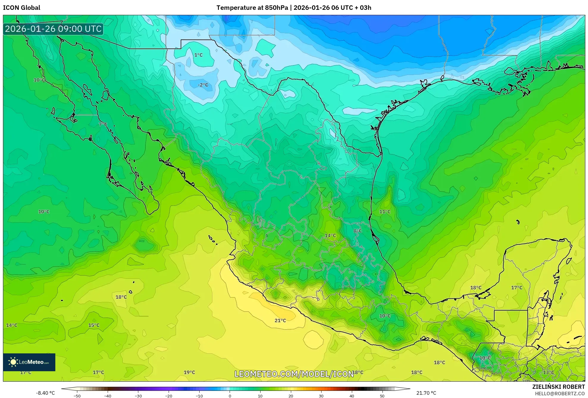ICON model - Meksika, 850 hPa Sıcaklık