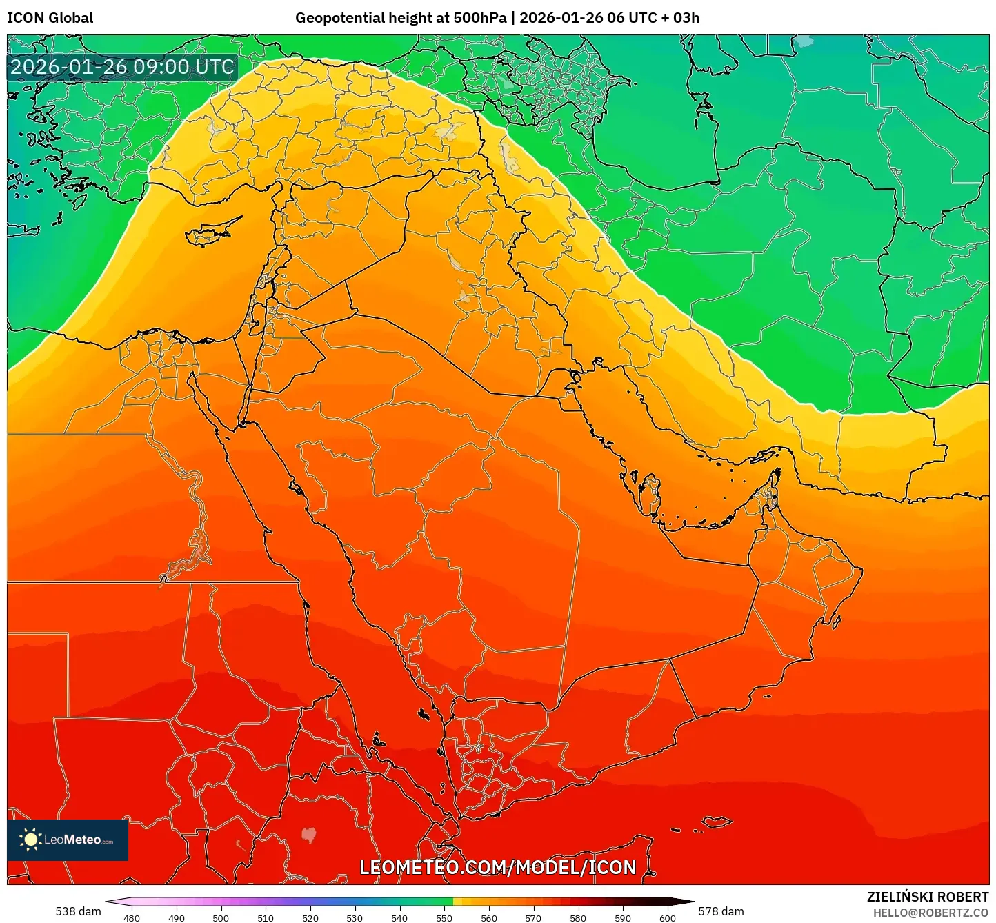 ICON model - Orta Doğu, 500 hPa’da jeopotansiyel yükseklik