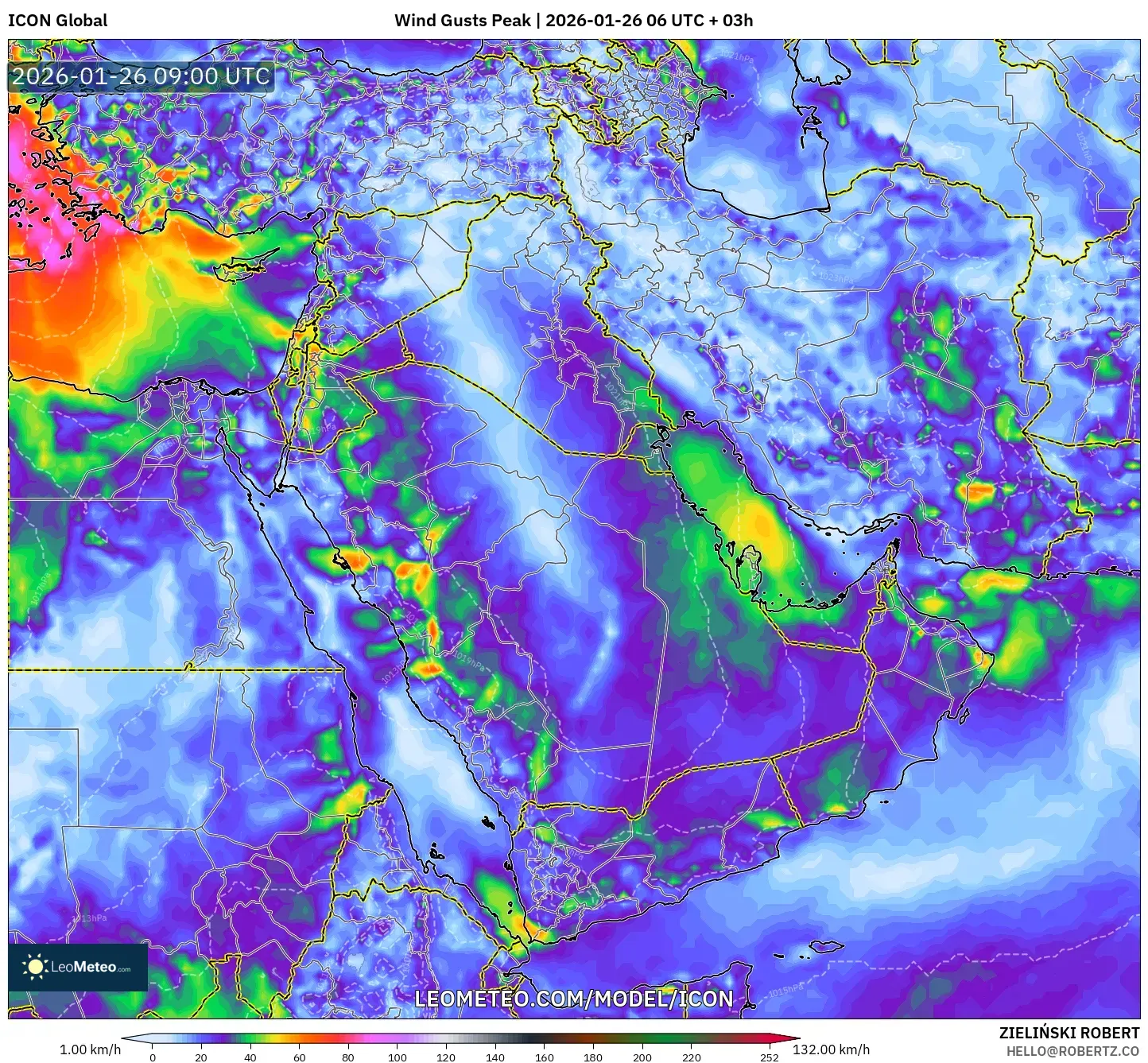ICON model - Orta Doğu, En Yüksek Rüzgâr