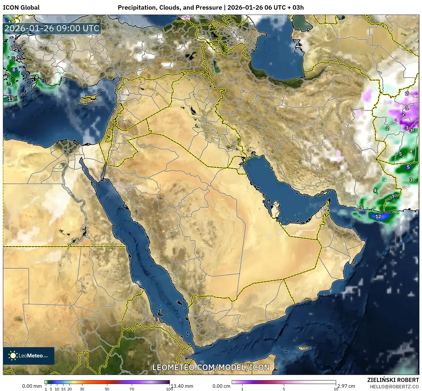 ICON model - Orta Doğu, Yağış, Bulut ve Basınç