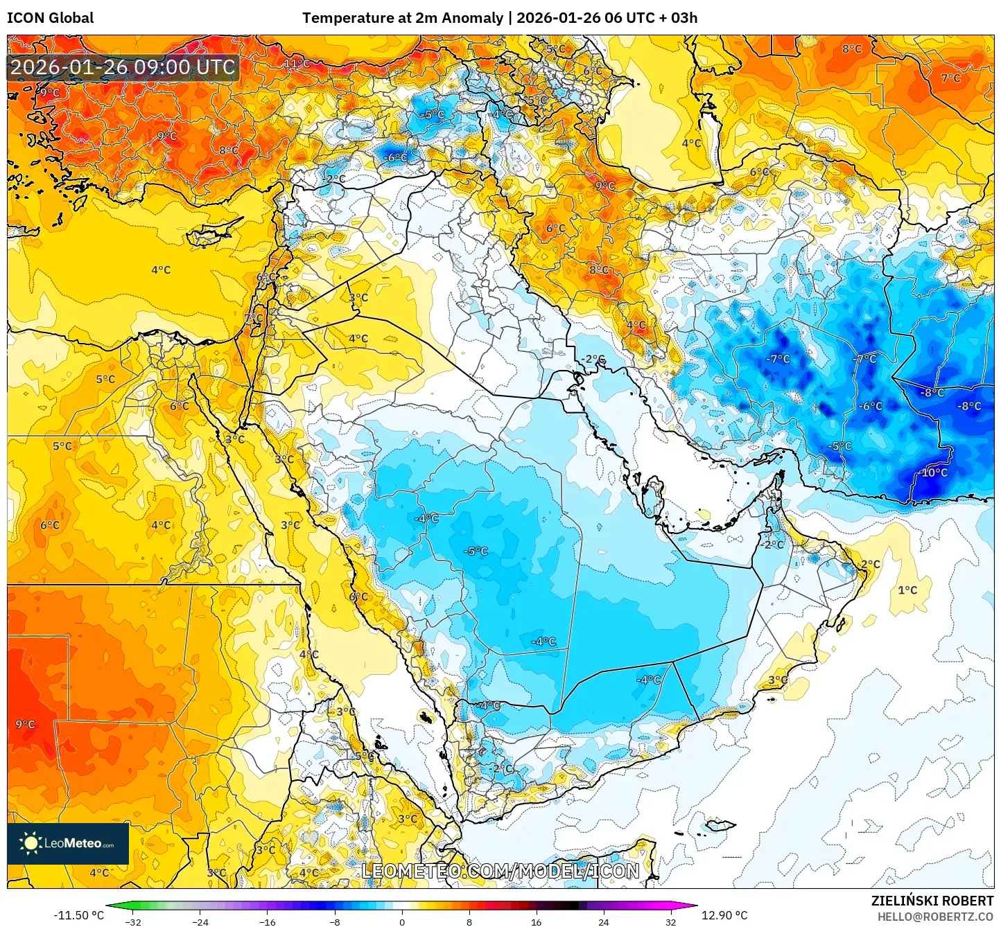 ICON model - Orta Doğu, 2 m Sıcaklık Anomalisi