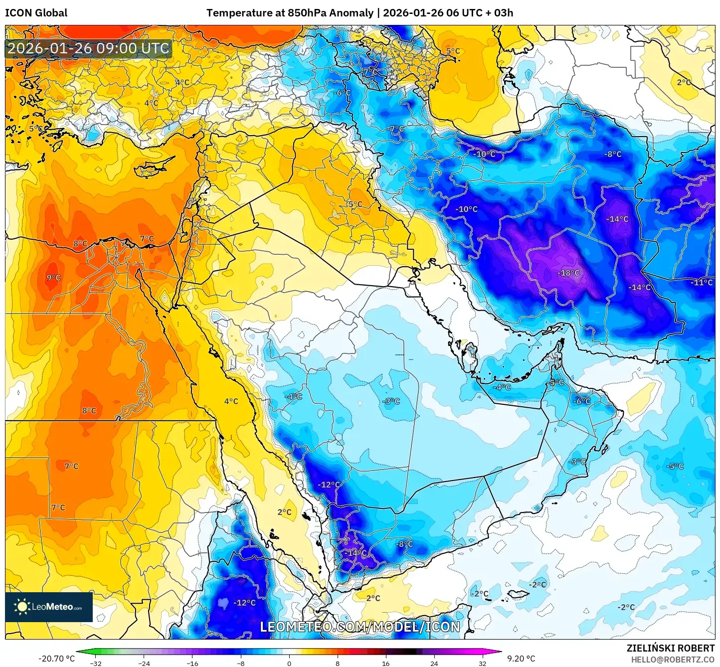ICON model - Orta Doğu, 850 hPa Sıcaklık Anomalisi