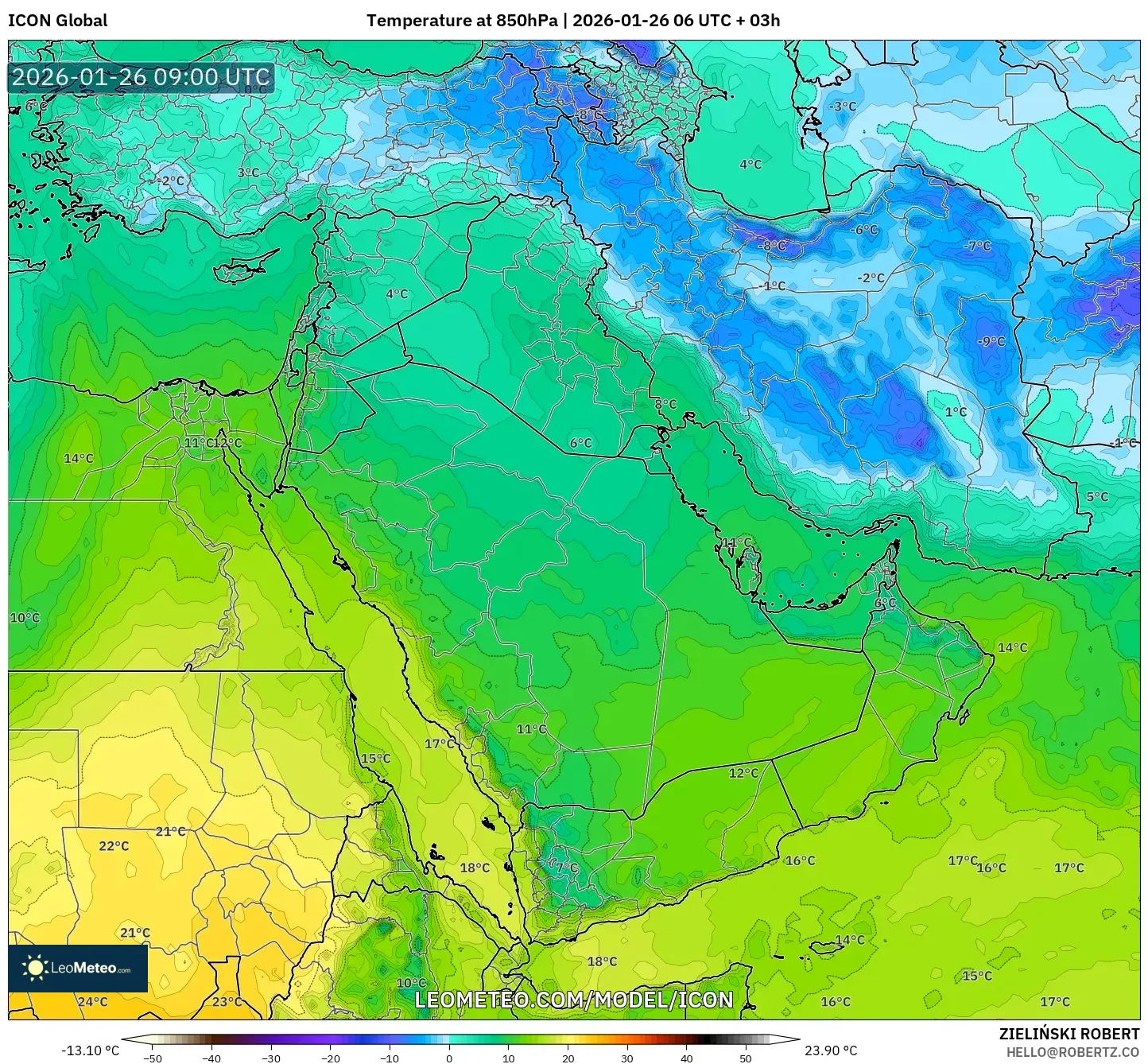 ICON model - Orta Doğu, 850 hPa Sıcaklık