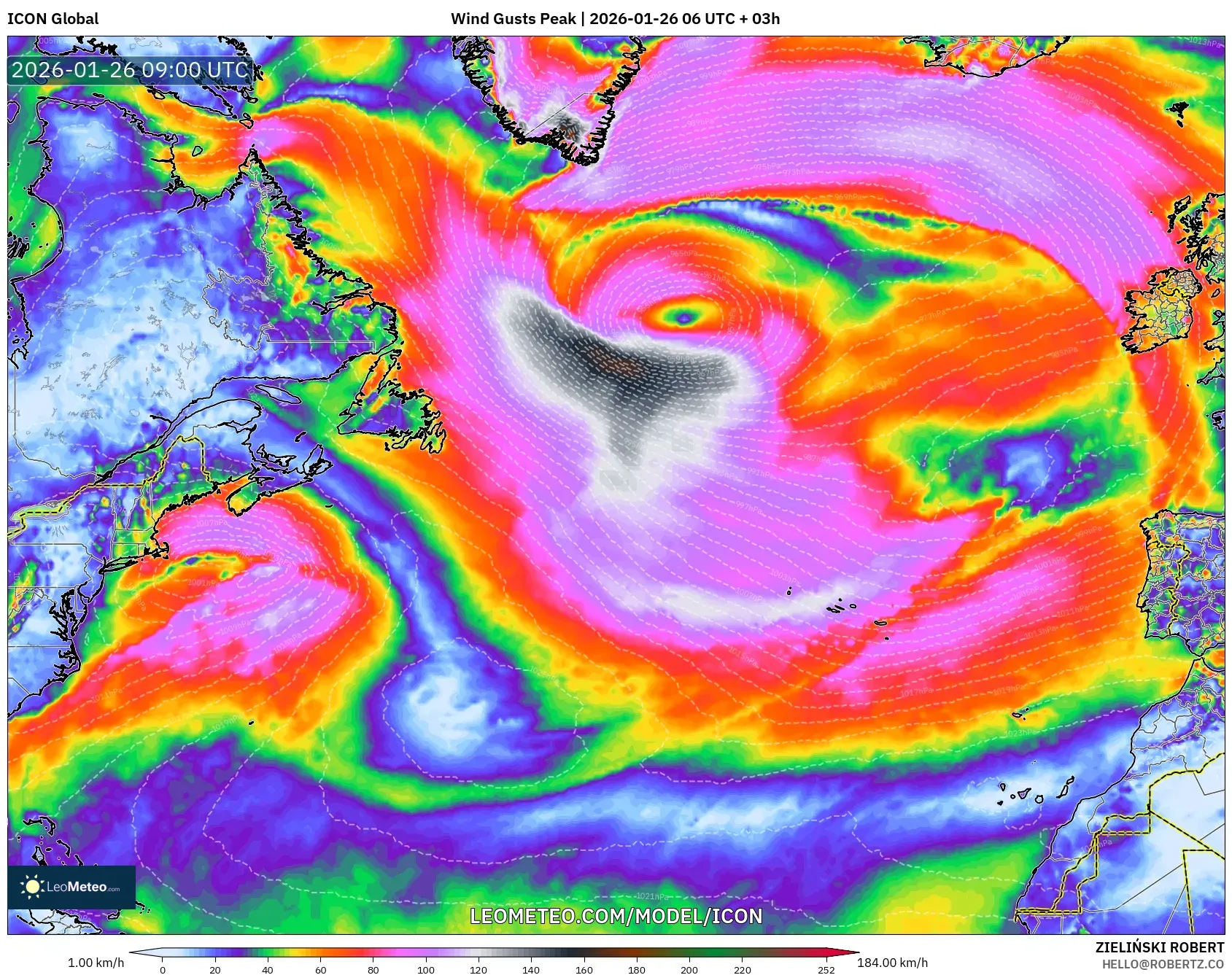 ICON model - Kuzey Atlantik, En Yüksek Rüzgâr