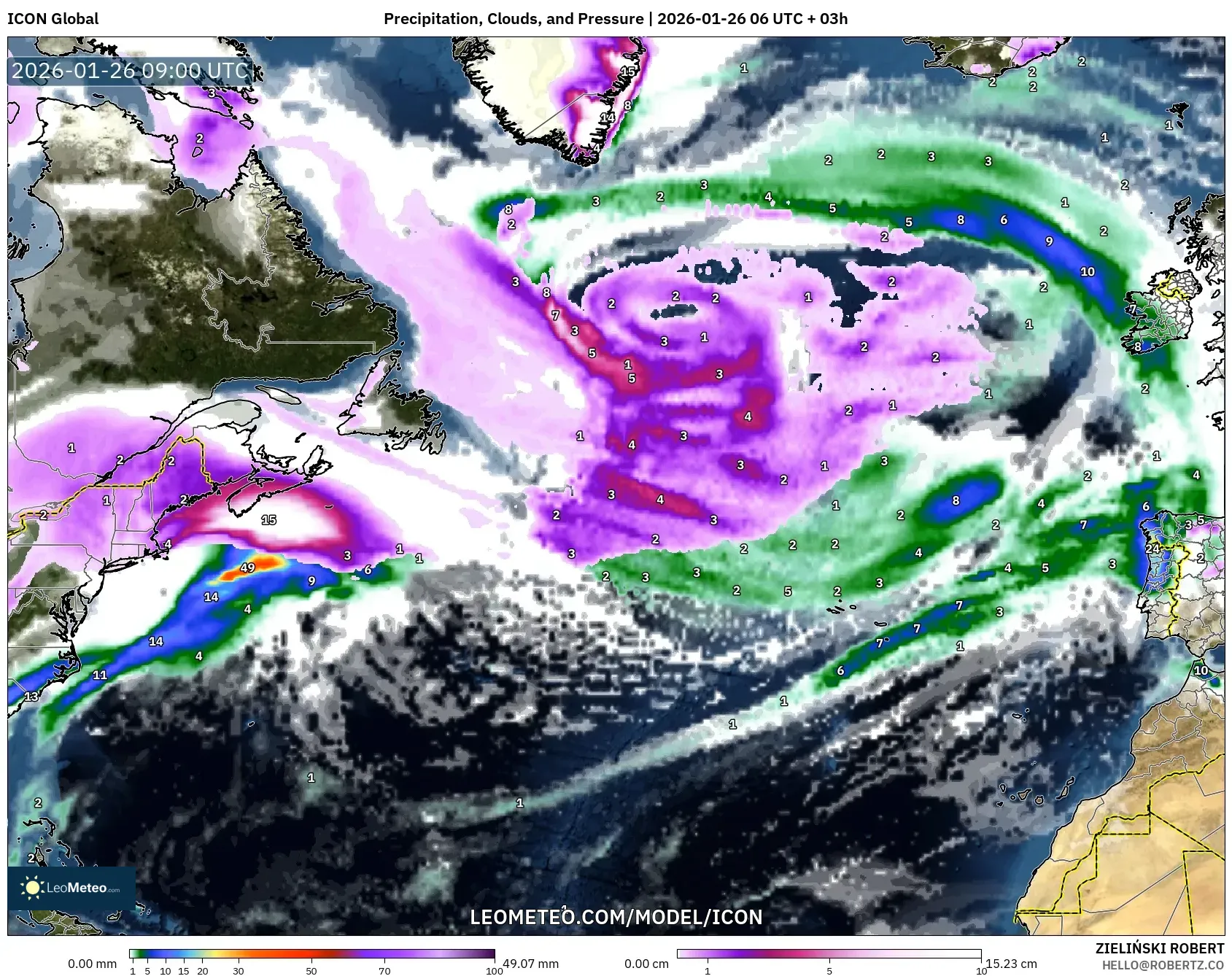 ICON model - Kuzey Atlantik, Yağış, Bulut ve Basınç