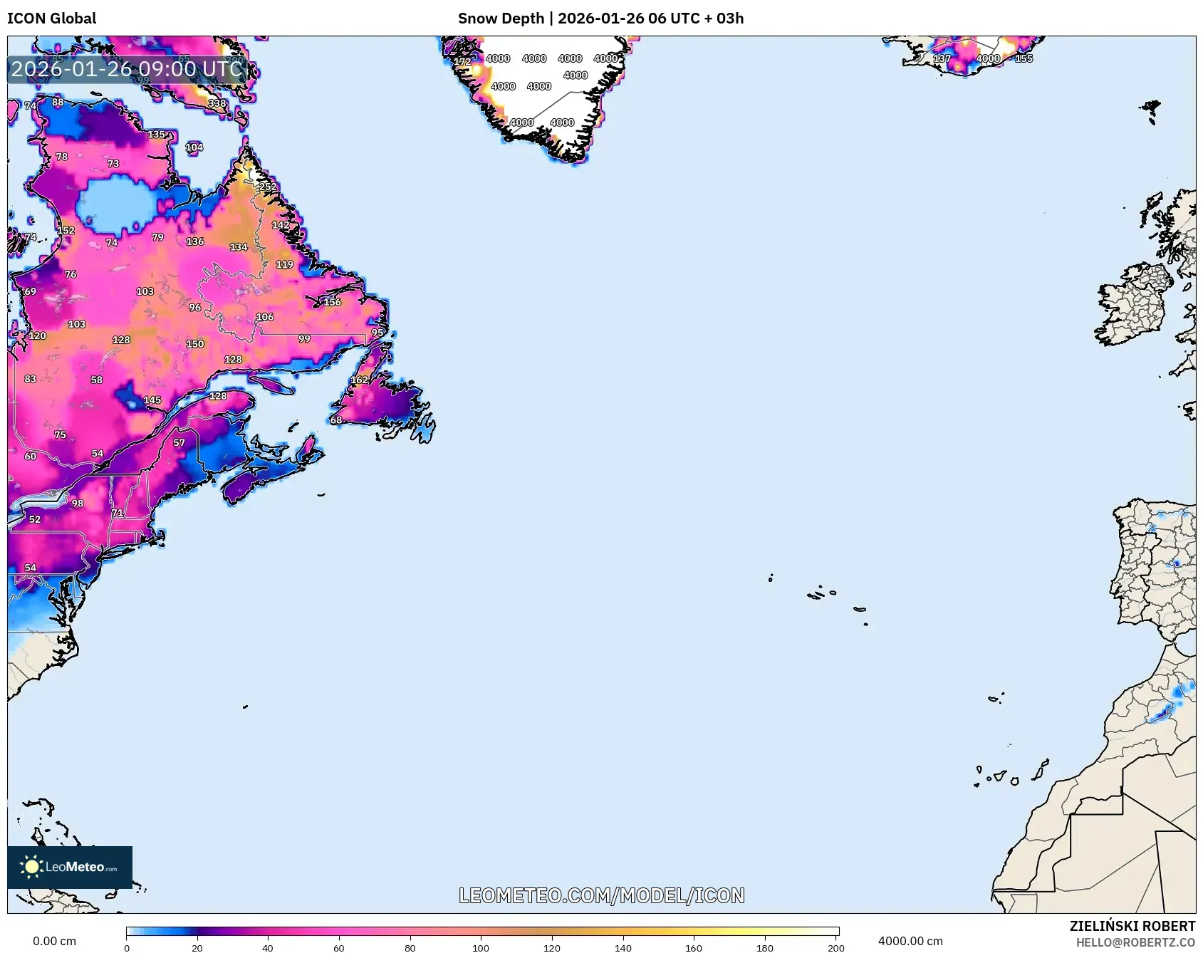 ICON model - Kuzey Atlantik, Kar Kalınlığı