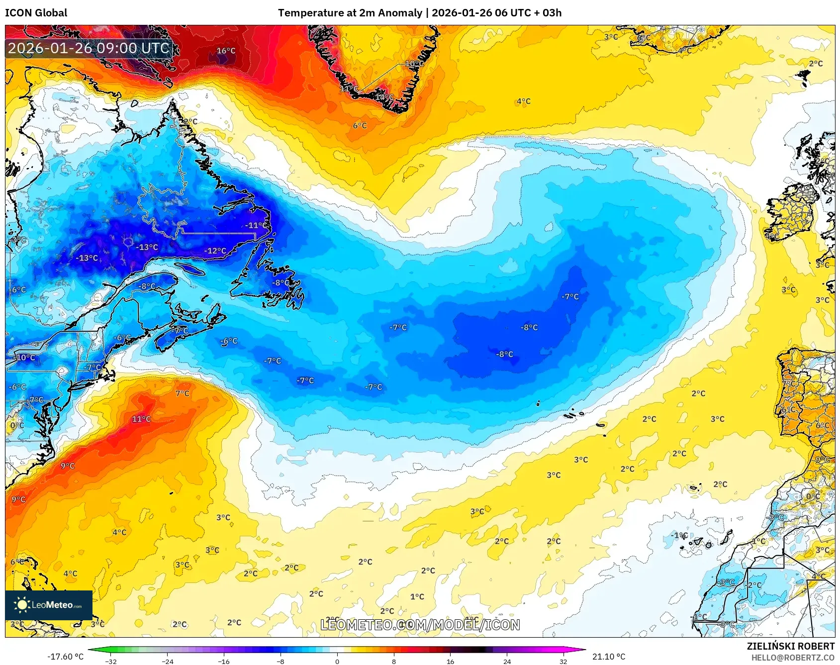 ICON model - Kuzey Atlantik, 2 m Sıcaklık Anomalisi