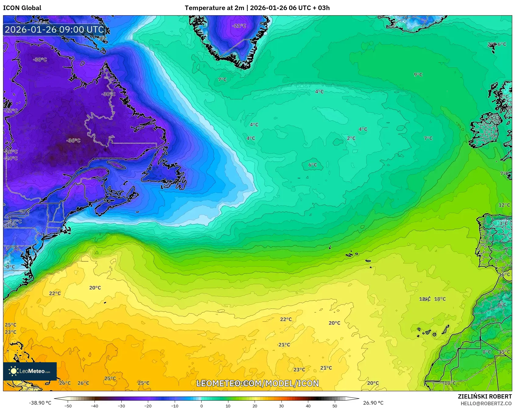 ICON model - Kuzey Atlantik, 2 m Sıcaklık