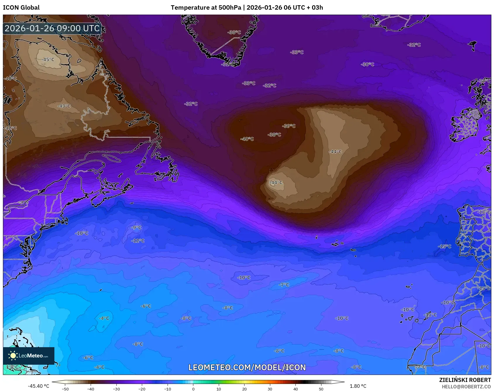 ICON model - Kuzey Atlantik, 500 hPa Sıcaklık