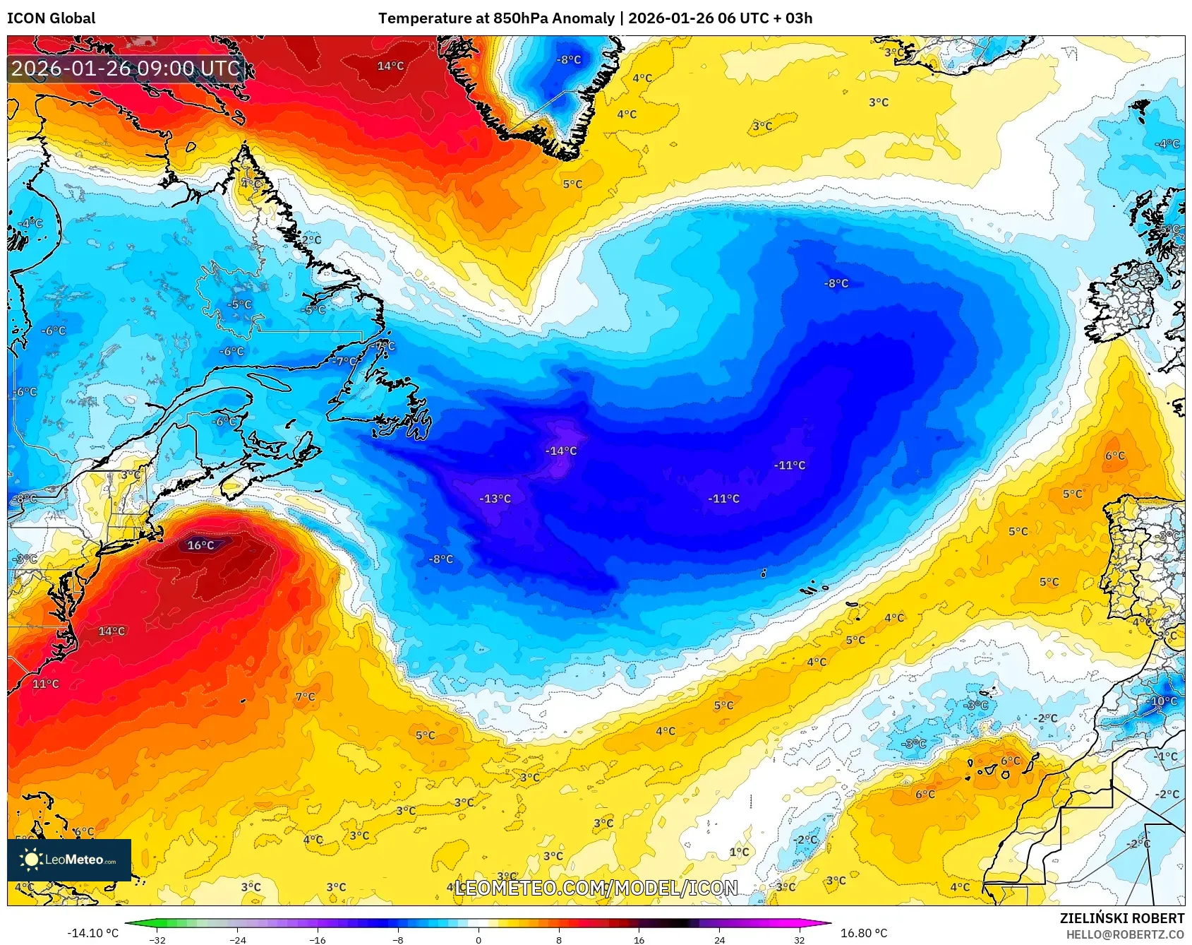 ICON model - Kuzey Atlantik, 850 hPa Sıcaklık Anomalisi