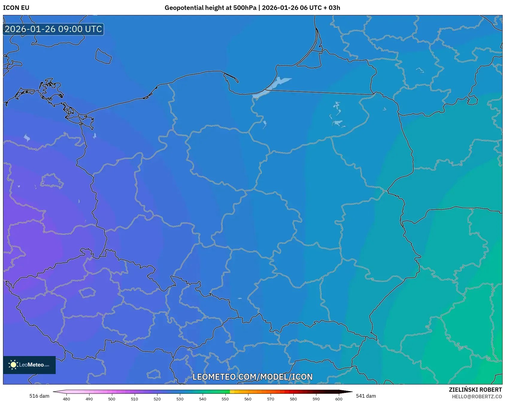 ICON model - Polonya, 500 hPa’da jeopotansiyel yükseklik